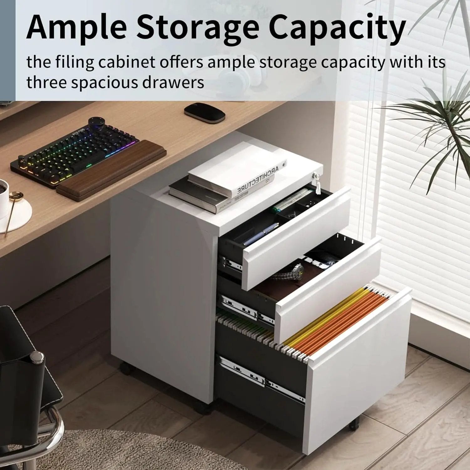 White Rolling File Cabinet With Lock Office Storage from PriceLows™