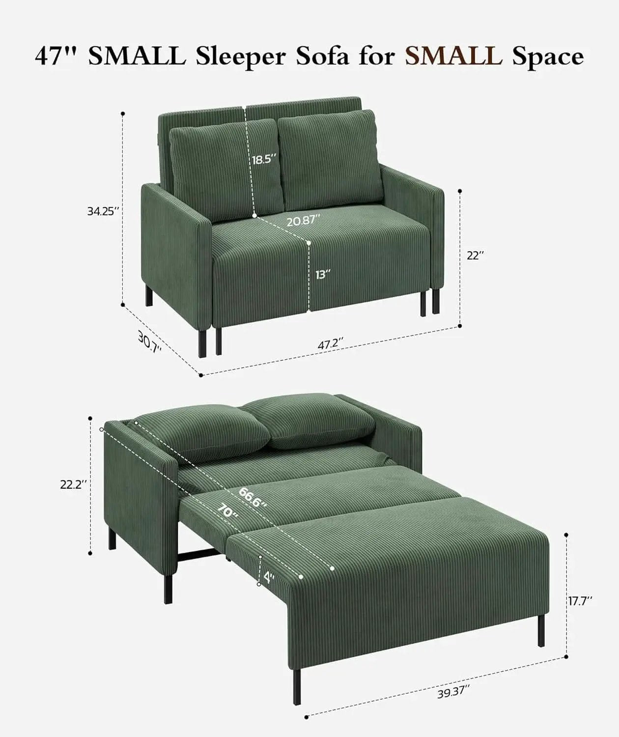 Forest Green Corduroy Convertible Sofa 47Inch Sleeper from PriceLows™
