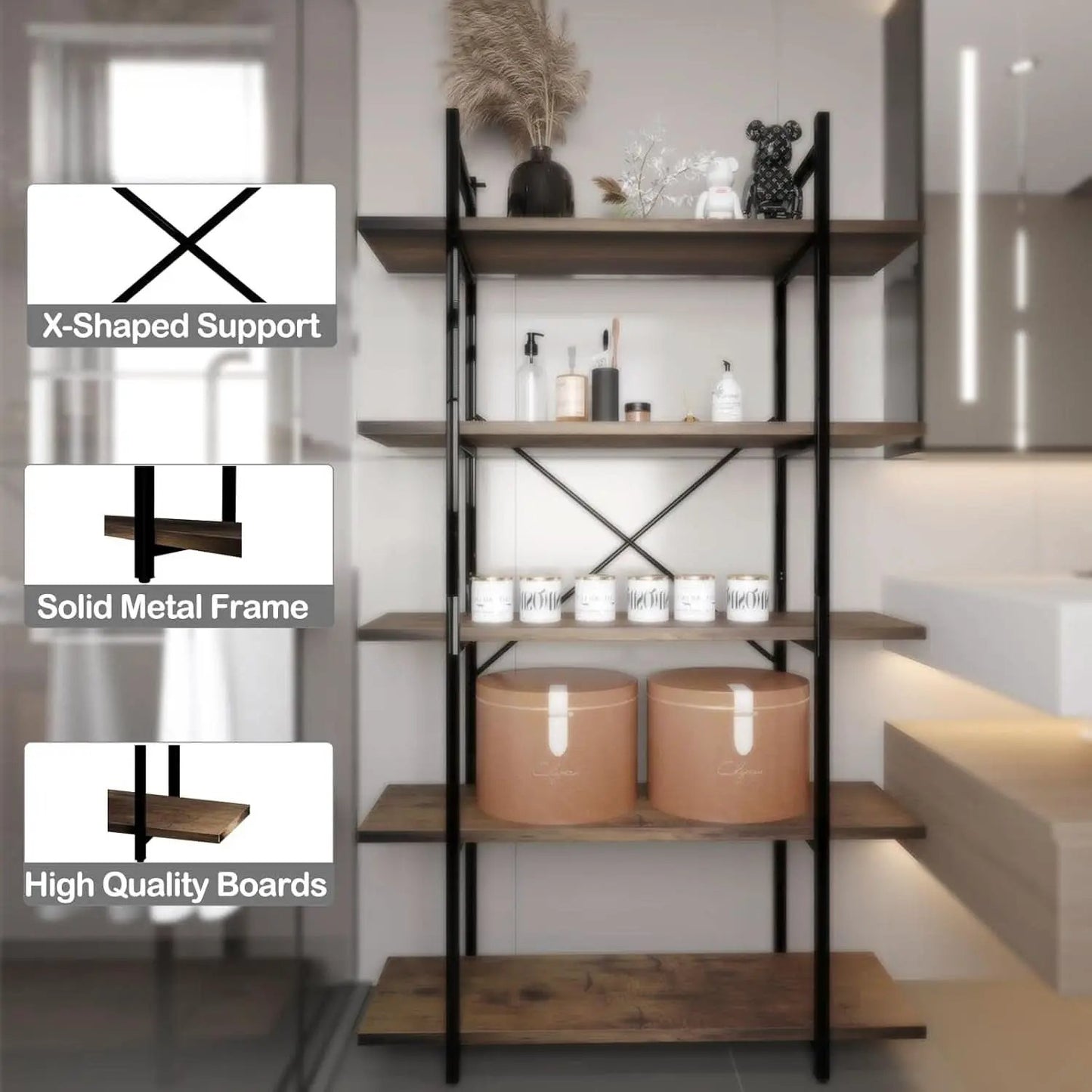 Five Tier Bookshelf Organizer Rustic Brown Metal Shelving from PriceLows™
