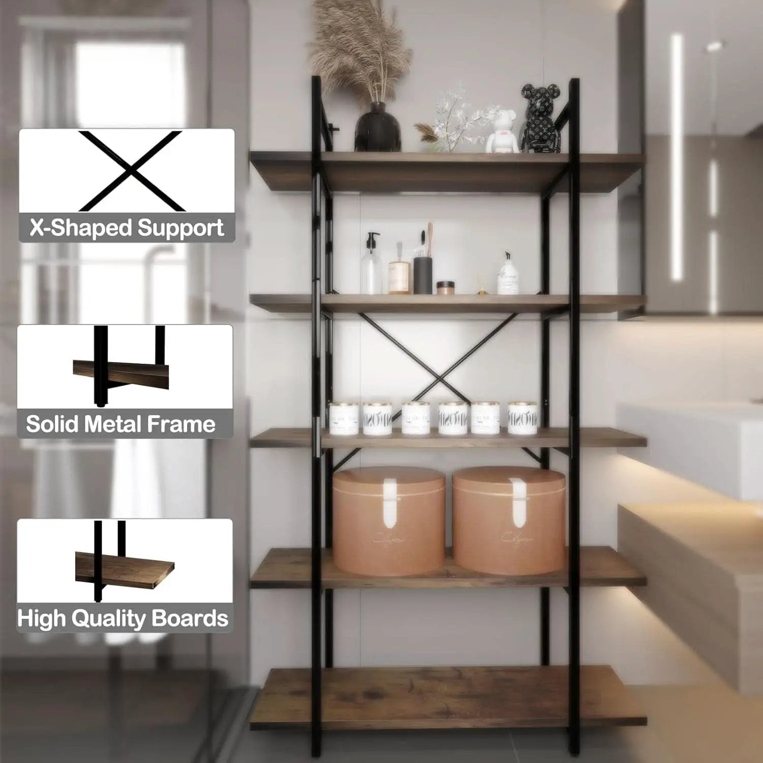 Five Tier Bookshelf Organizer Rustic Brown Metal Shelving from PriceLows™