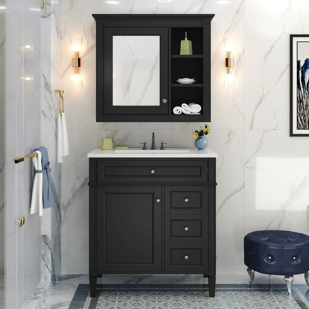 Bathroom Vanity With Top Sink, 2 Doors And 3 Drawers, Freestanding Set With Mirror | Vanity & Cabinet | Solid Wood & Ceramic | Bathroom