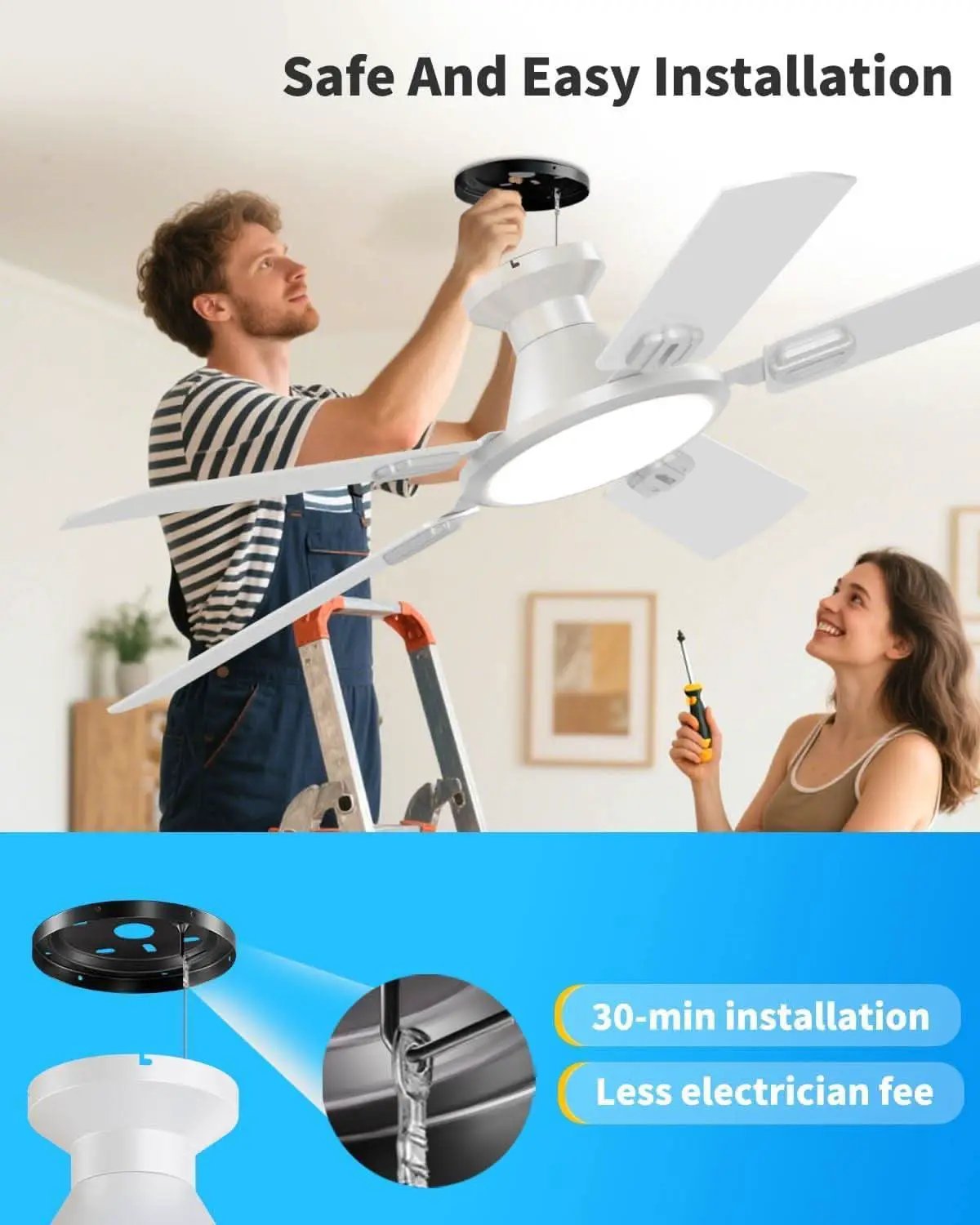 52 Inch White Flush Mount Ceiling Fan With LED Light from PriceLows™