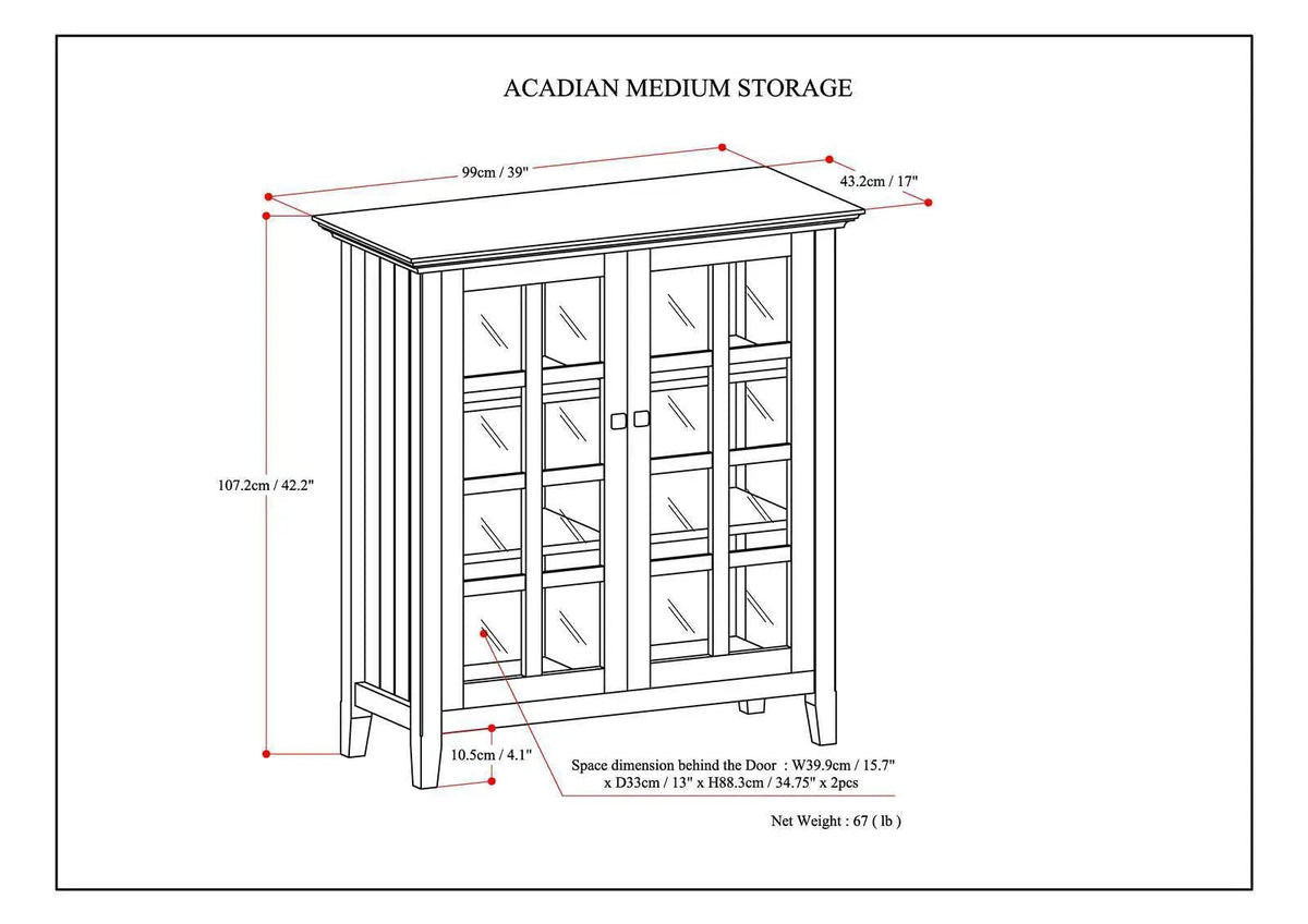 Acadian Storage Cabinet | Medium Handcrafted Solid Wood | Two Glass Doors | Two Adjustable Shelves