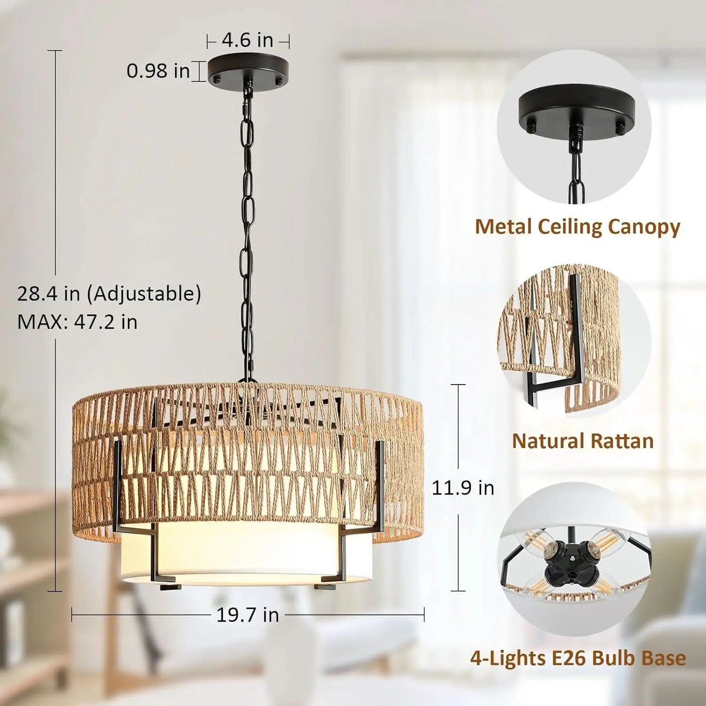 Boho Rattan Chandelier Pendant Light Natural Finish from PriceLows™