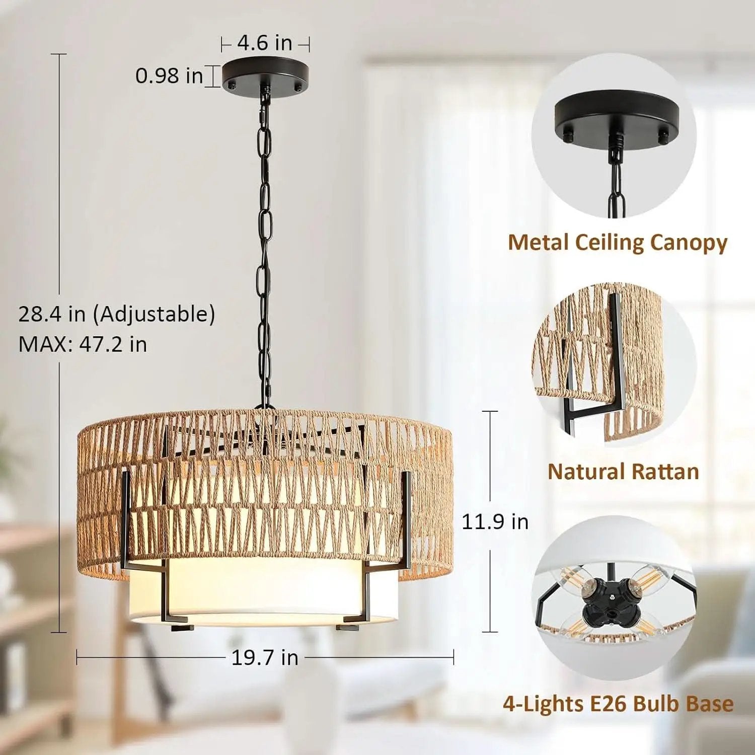 Boho Rattan Chandelier Pendant Light Natural Finish from PriceLows™