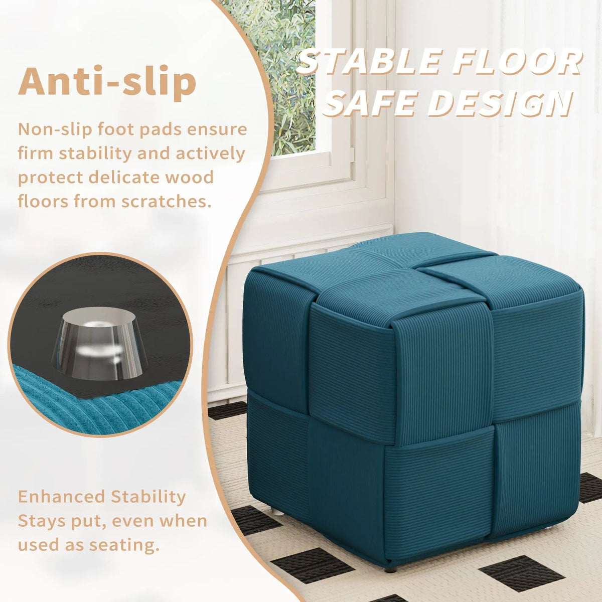 Modern Ottoman Foot Rest | Woven Design | Engineered Wood Frame | 14.2 Inch Cube