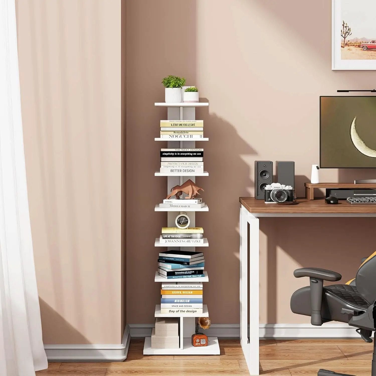 Vertical Bookshelf 8 Tier White Bookcase Living Room from PriceLows™