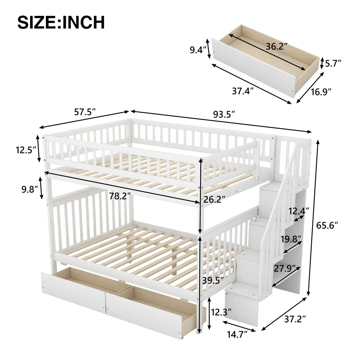 Twin Over Full Bunk Bed | Built In Staircase | Steel Frame