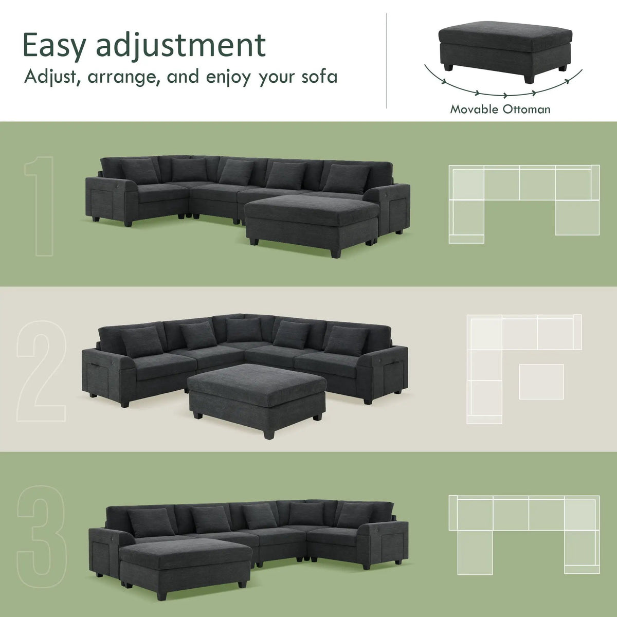 U Shape Sectional Sofa | 6 Seat | USB Charging | With Ottoman
