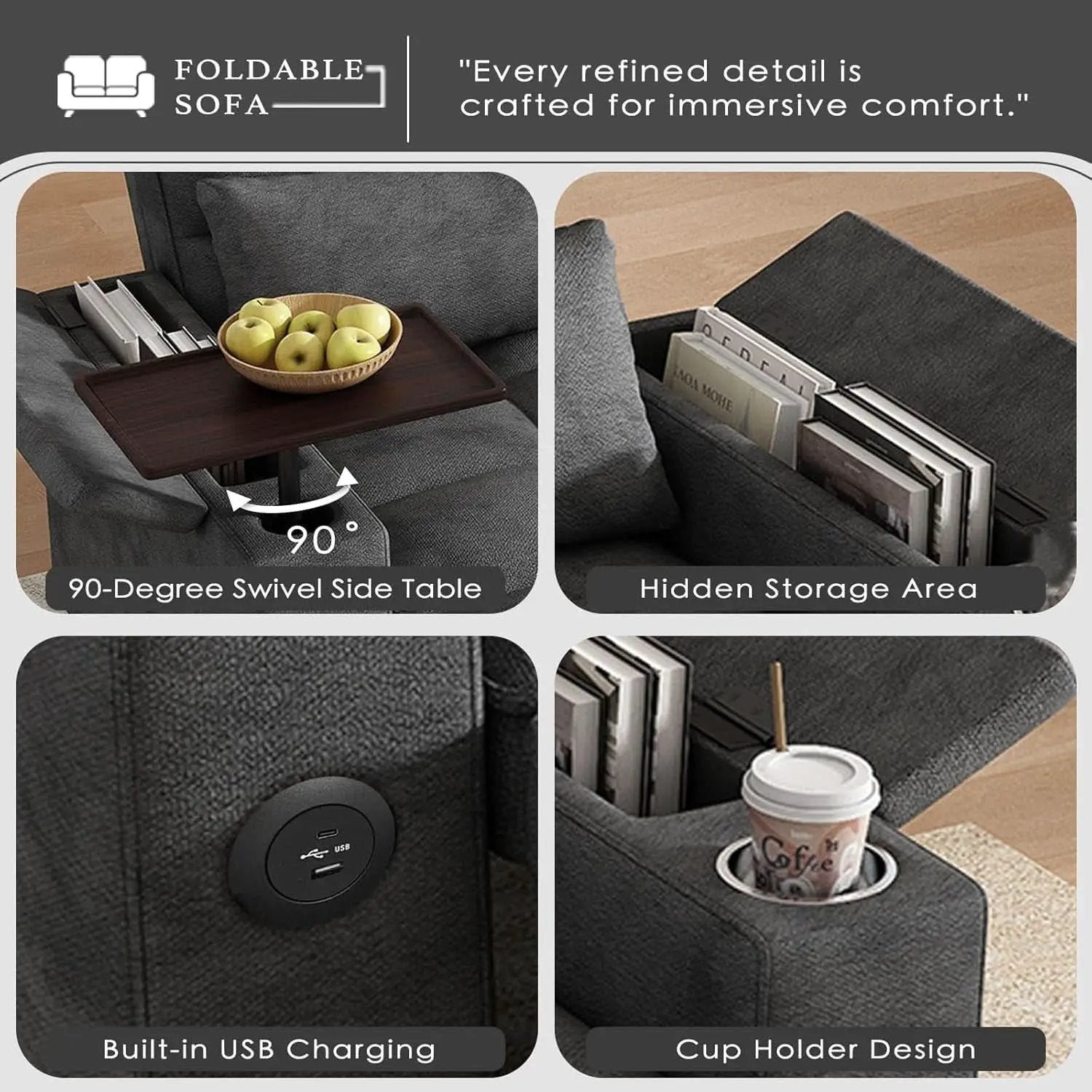 65Inch Grey Chenille Convertible Sleeper Sofa Table from PriceLows™