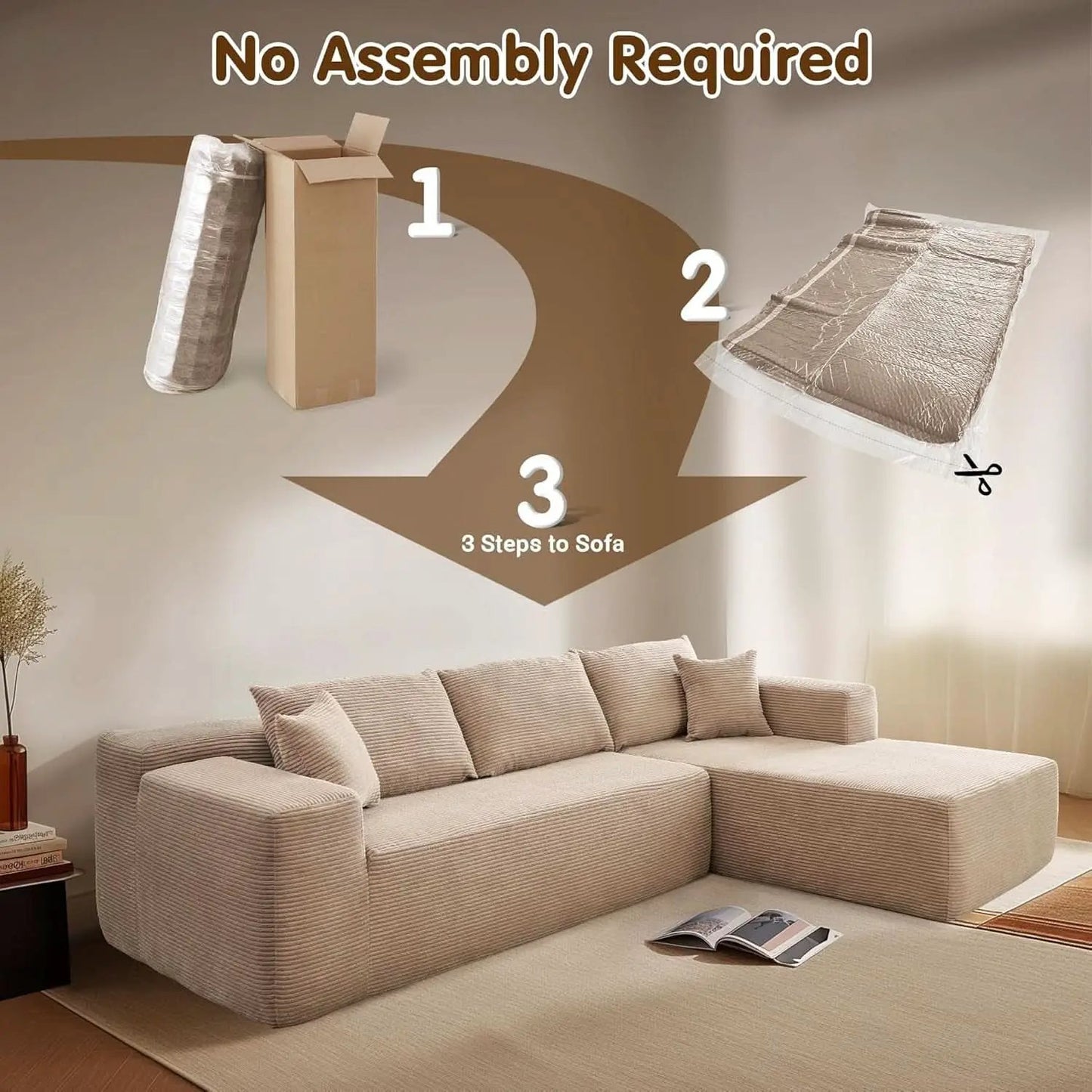 104 Inch Cloud Sectional Couch With L Shaped Chaise Modern Modular Sofa In Camel Corduroy Fabric from PriceLows™