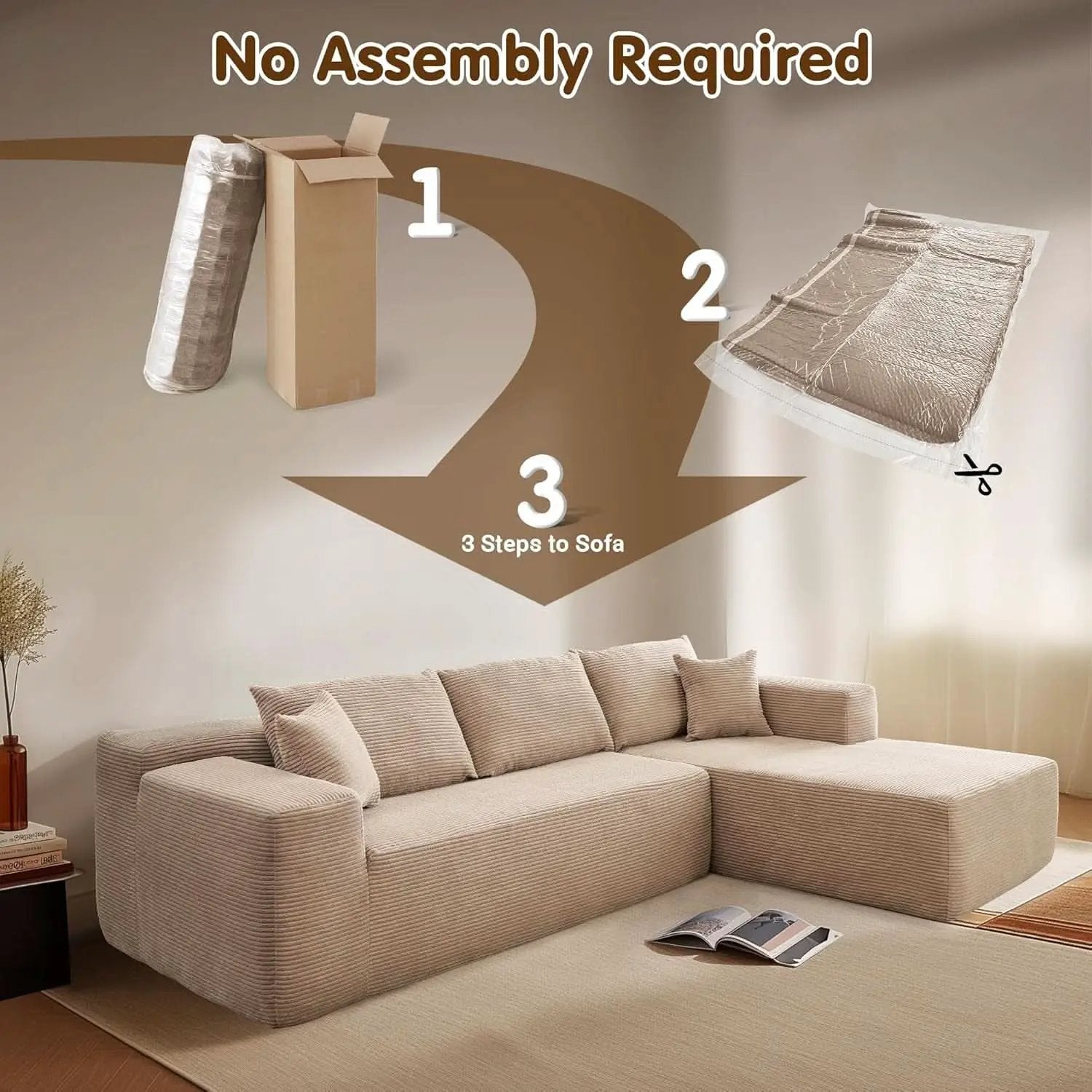 104 Inch Cloud Sectional Couch With L Shaped Chaise Modern Modular Sofa In Camel Corduroy Fabric from PriceLows™