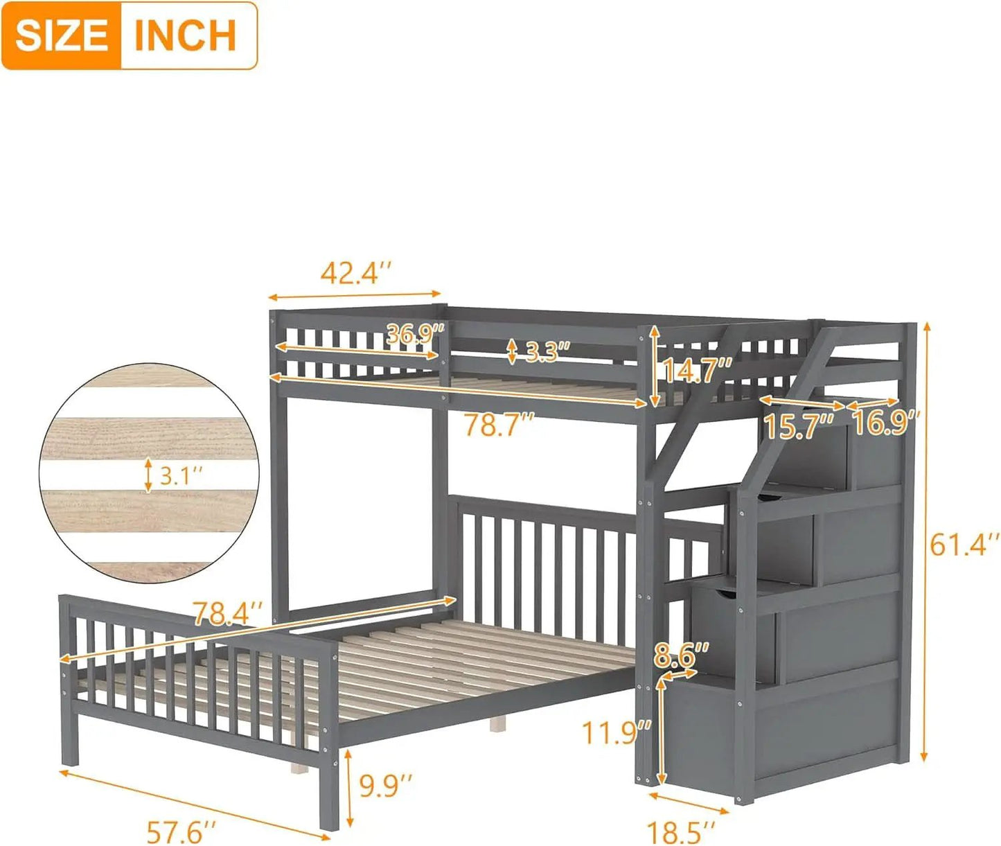 Gray Twin Over Full Bunk Bed With Storage Stairs Solid Wood from PriceLows™