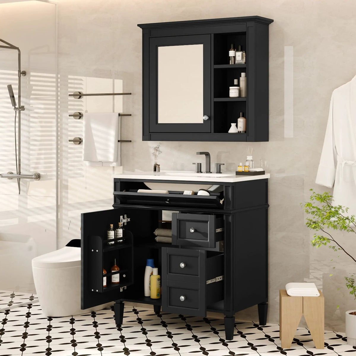 Bathroom Vanity With Top Sink, 2 Doors And 3 Drawers, Freestanding Set With Mirror | Vanity & Cabinet | Solid Wood & Ceramic | Bathroom