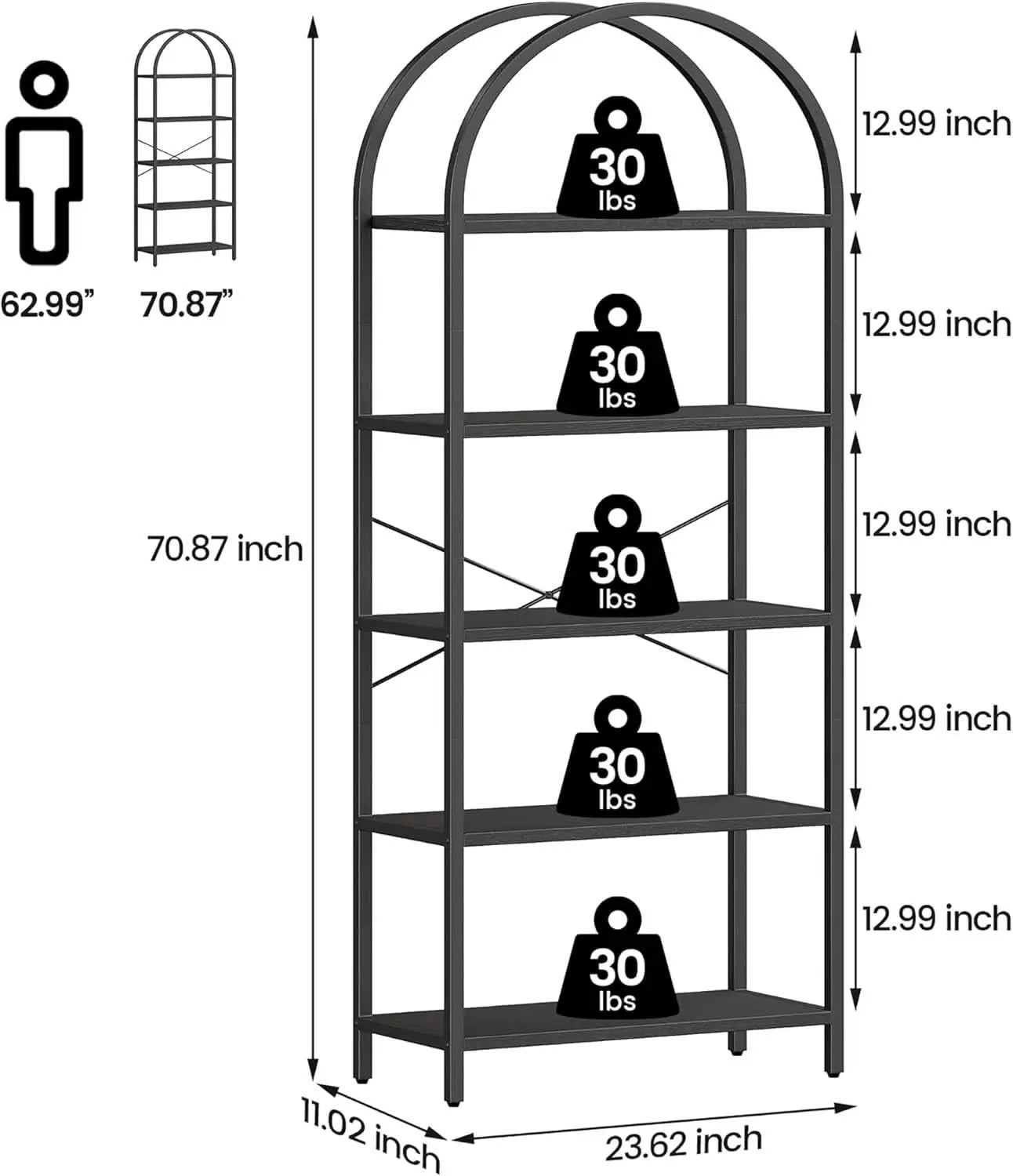 Tall Black Arched Bookcase With 5 Open Shelves For Living Room from PriceLows™