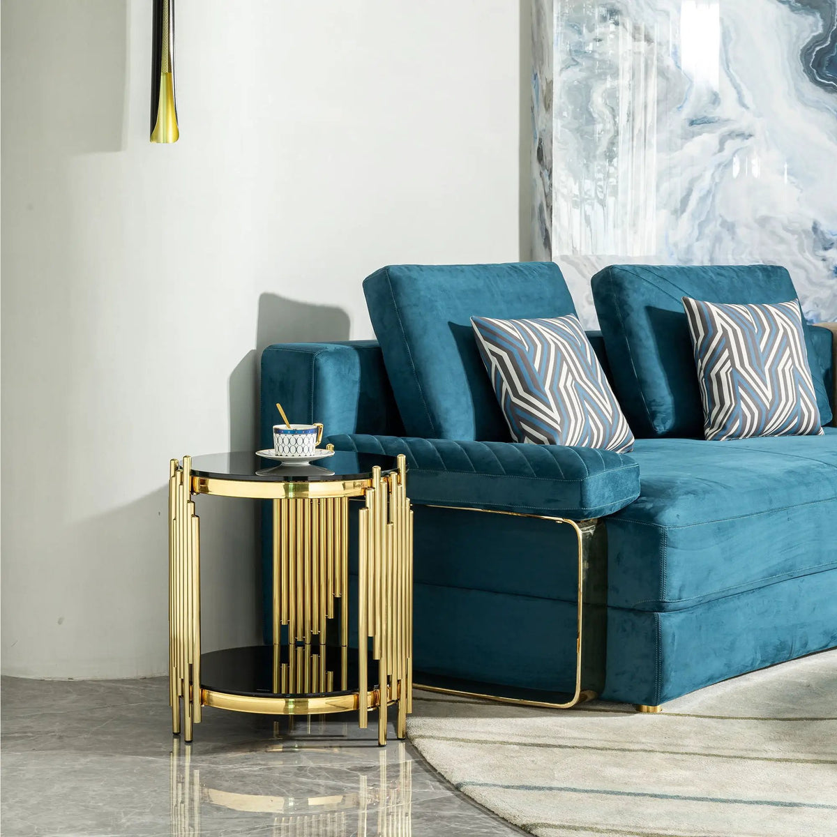 Round Side Table | Double Layer Tempered Glass Top | Mirror Finish Stainless Steel Frame | 21.65 Inch Height