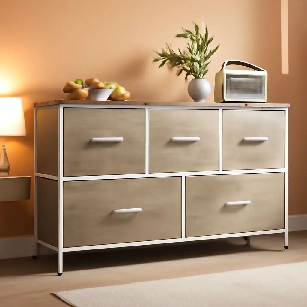 5 Drawer Wide Fabric Dresser Organizer With Wood Top from PriceLows™