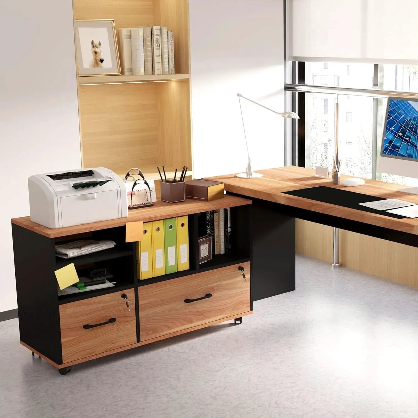 Wooden 2 Drawer File Cabinet Lockable Rolling with Adjustable Shelves Rustic Brown and Black from PriceLows™