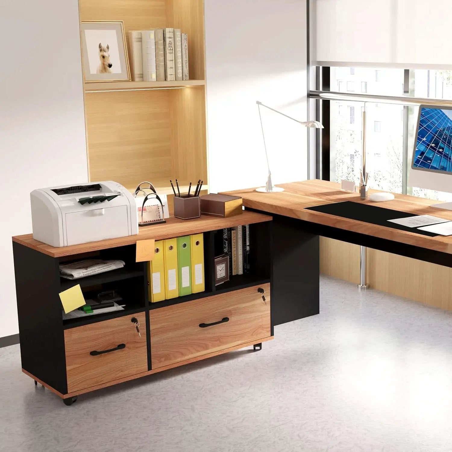 Wooden 2 Drawer File Cabinet Lockable Rolling with Adjustable Shelves Rustic Brown and Black from PriceLows™