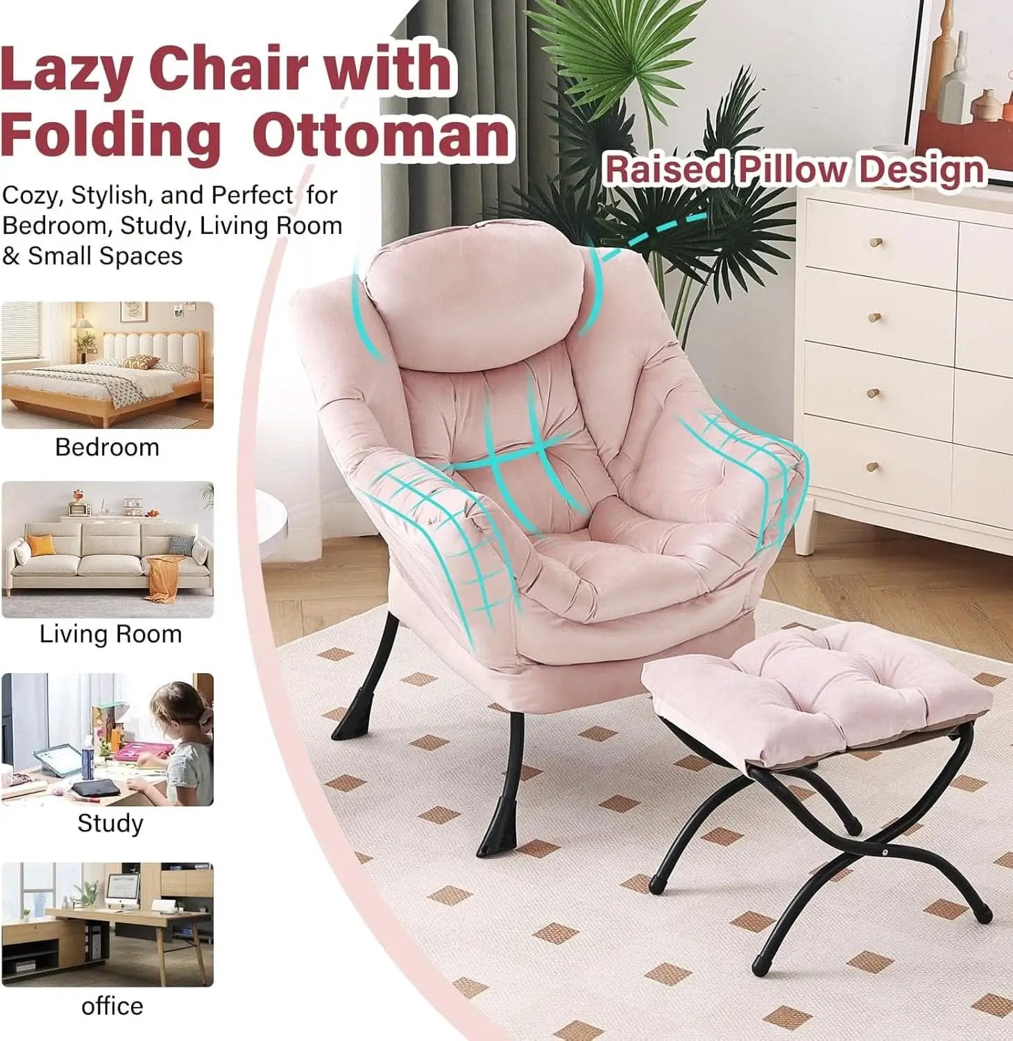 Pink Velvet Lounge Chair With Folding Footrest Ottoman from PriceLows™