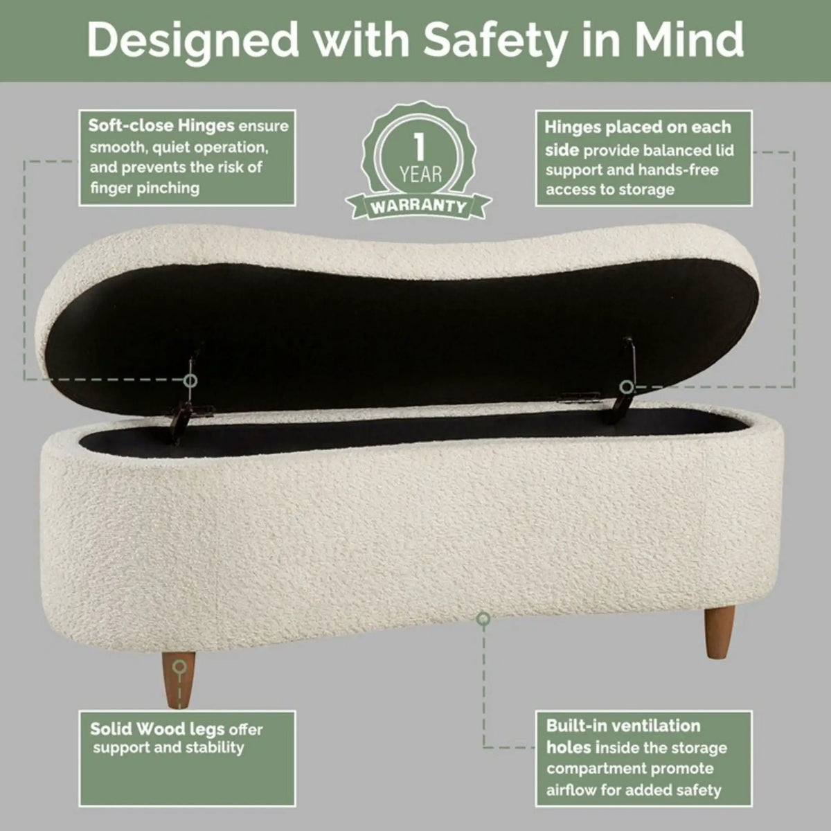 Flip Top Storage Bench | Curved Front Straight Back | Soft Close Hinges | 48 Inch Width