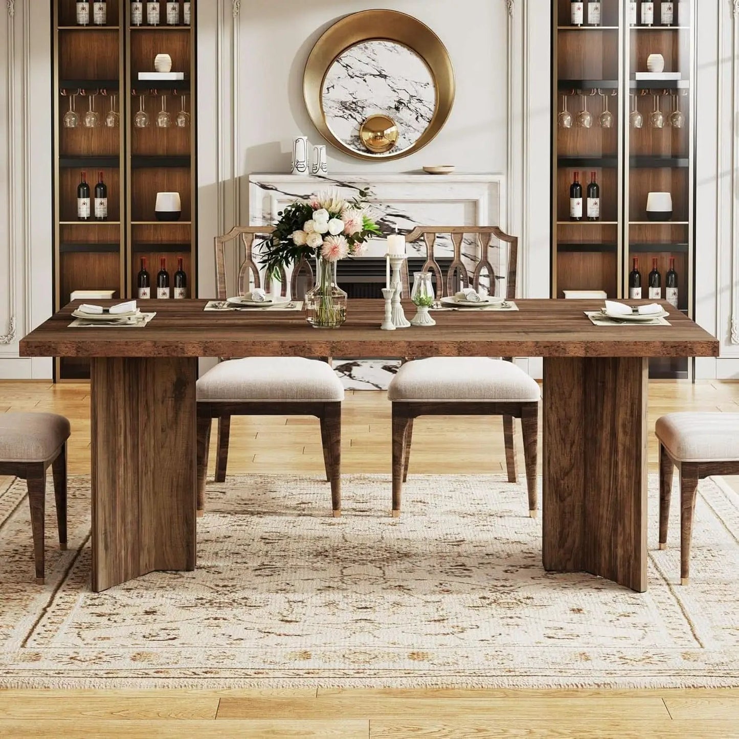 63 Inch Dark Brown Farmhouse Dining Table With Large Tabletop For 4 To 6 People from PriceLows™
