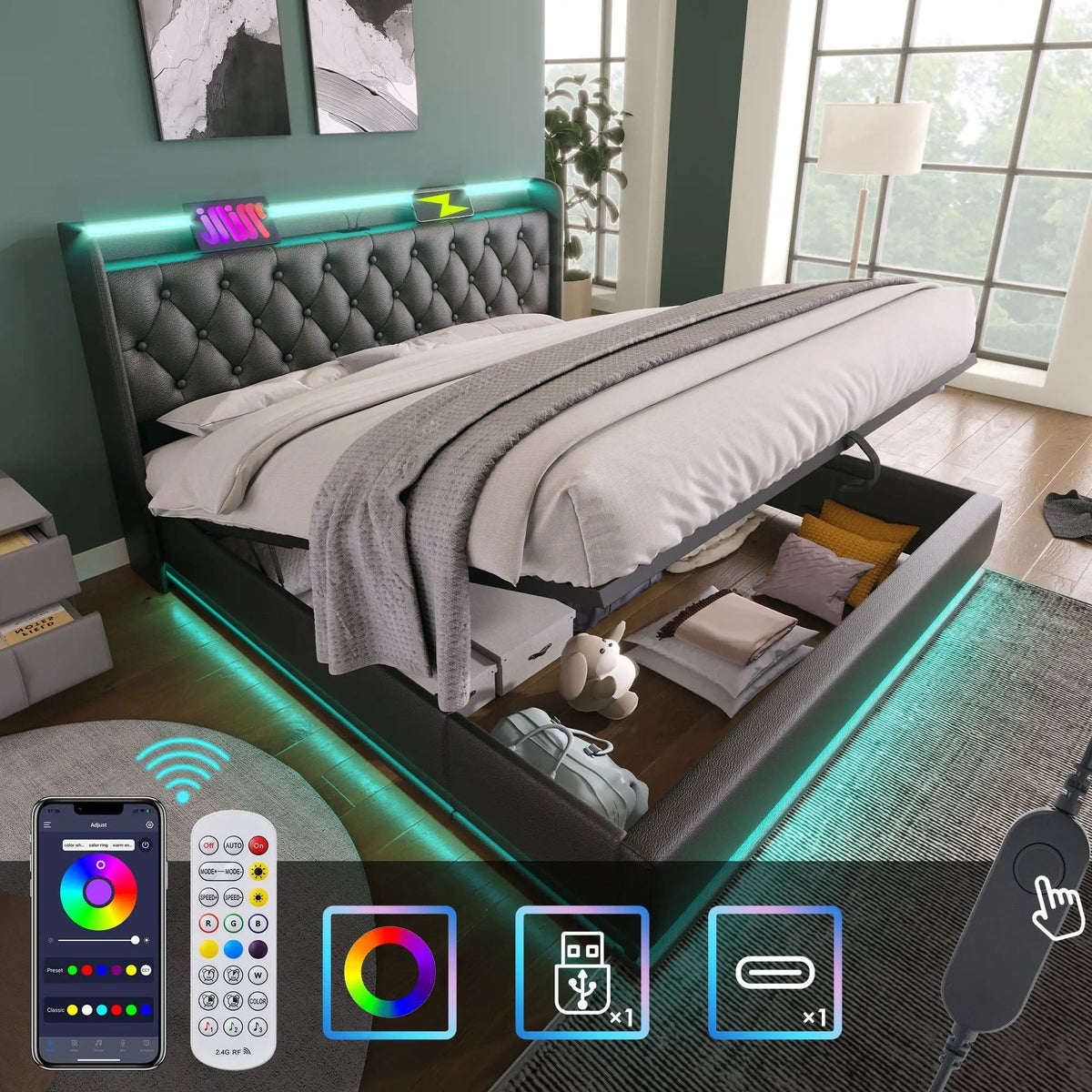 Upholstered Bed, 360 Surround LED Function, Remote Control, Hydraulic Storage Bed | 8 Pieces | Fabric & Iron | Bedroom