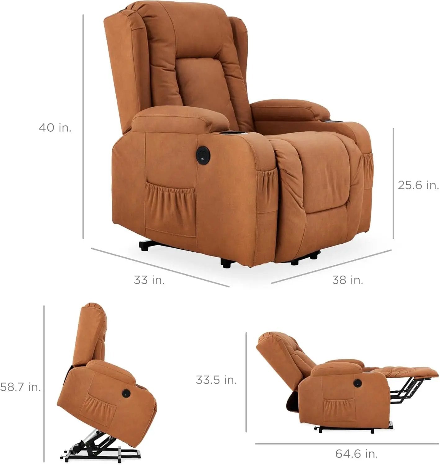 Cognac PU Leather Power Lift Recliner With Massage And Heat from PriceLows™