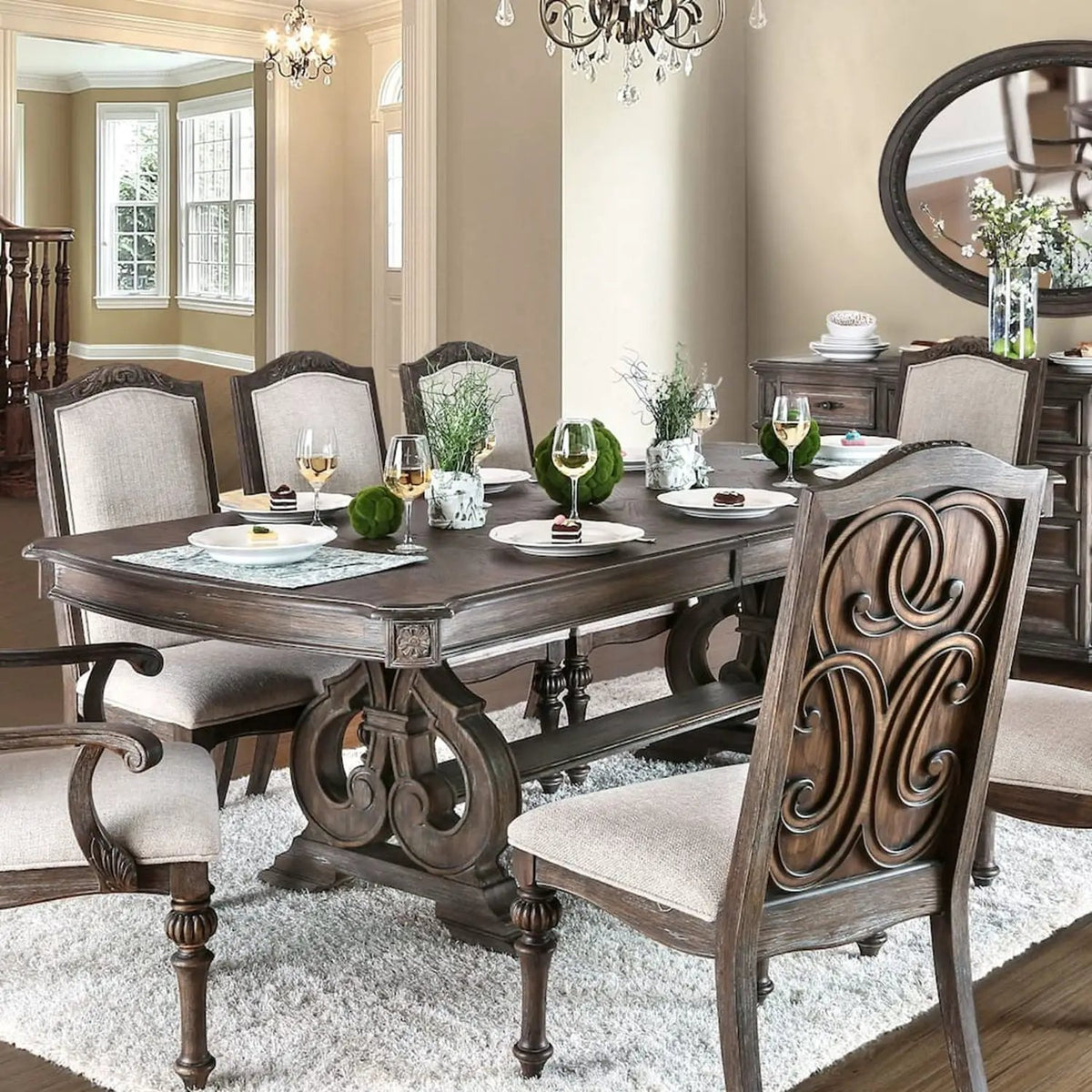 Rustic Dining Set | 96 Inch Table | Upholstered Chairs | Intricate Wood Inlay Details