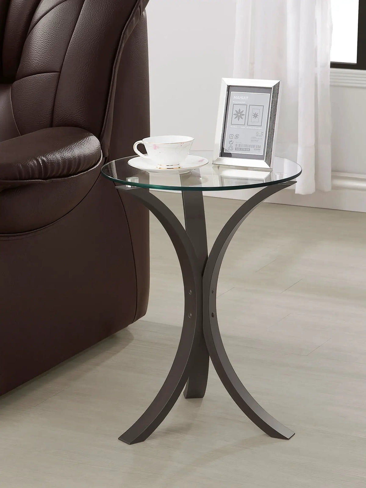 Edgar Round Glass Top Accent Side Table | 15.75 x 15.75 x 21.25 in | Engineered Wood & Tempered Glass | Cappuccino