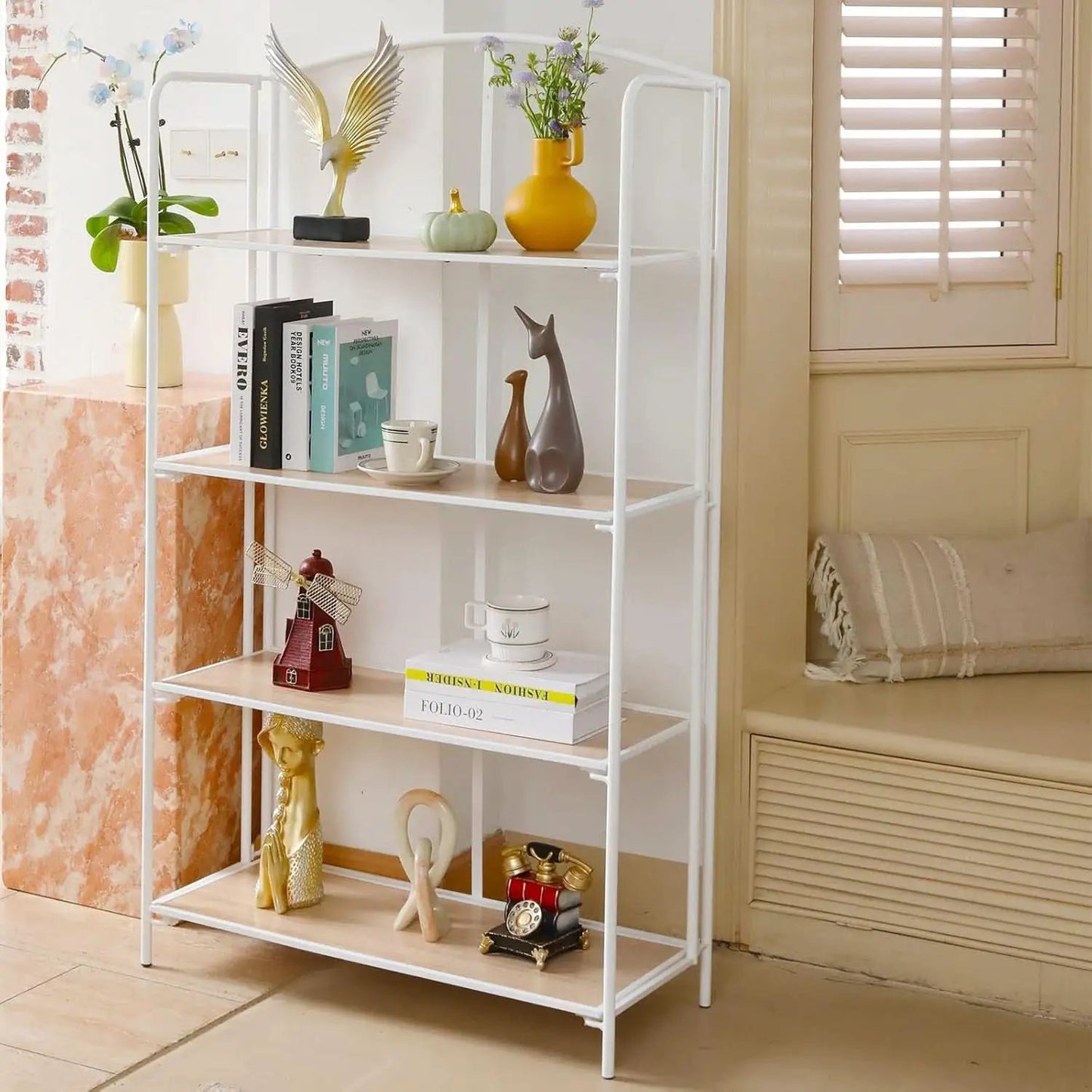 No Assembly Foldable Bookshelf 4 Tier White Bookcase from PriceLows™