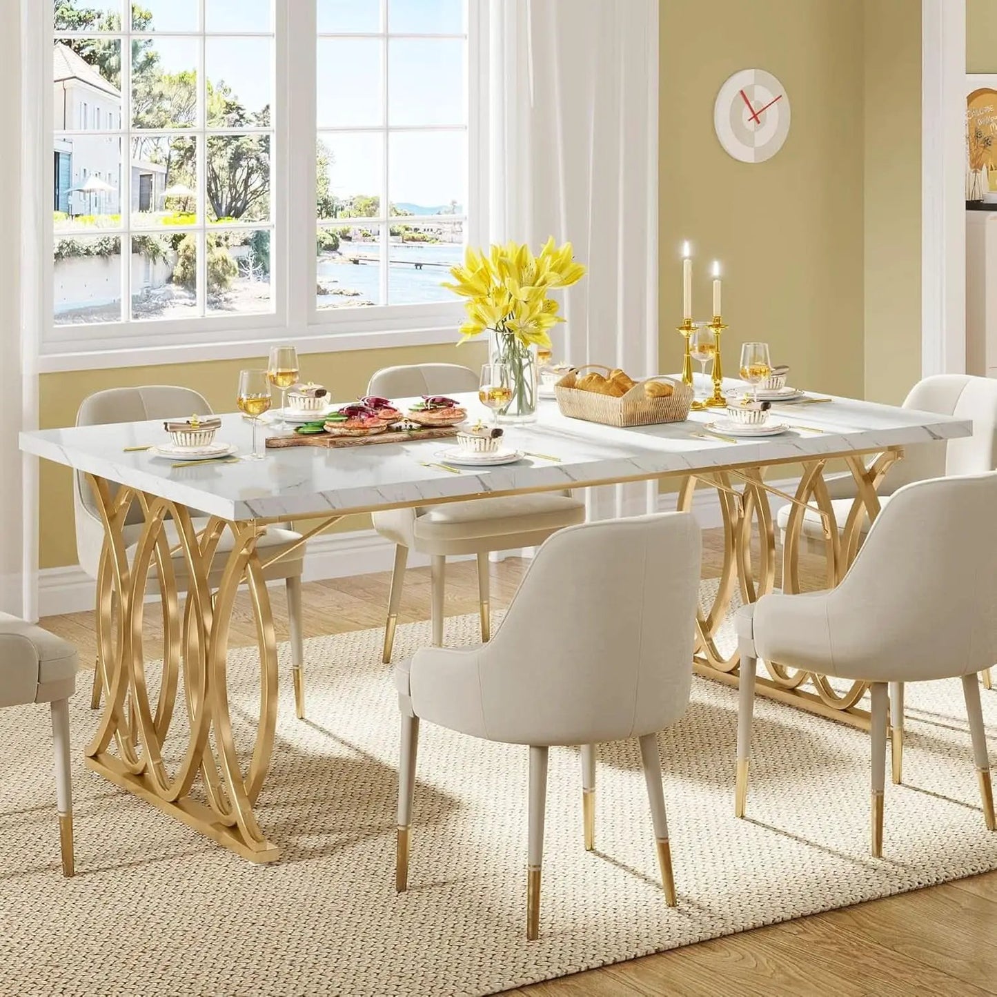 63 Inch Dining Table With Faux Marble Top For Kitchen And Dining Room from PriceLows™