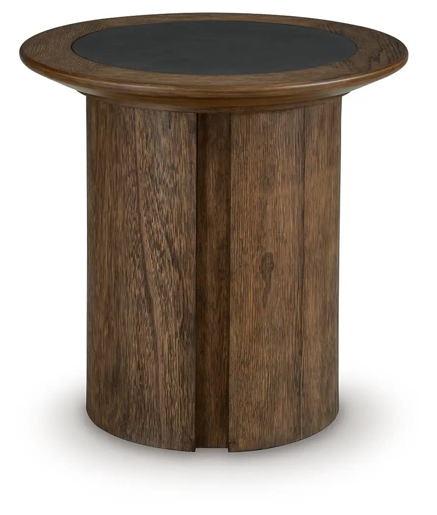 Dontayne Round End Table | Faux Cement Top | Warm Wood-Tone Finish | 24 Inch Diameter