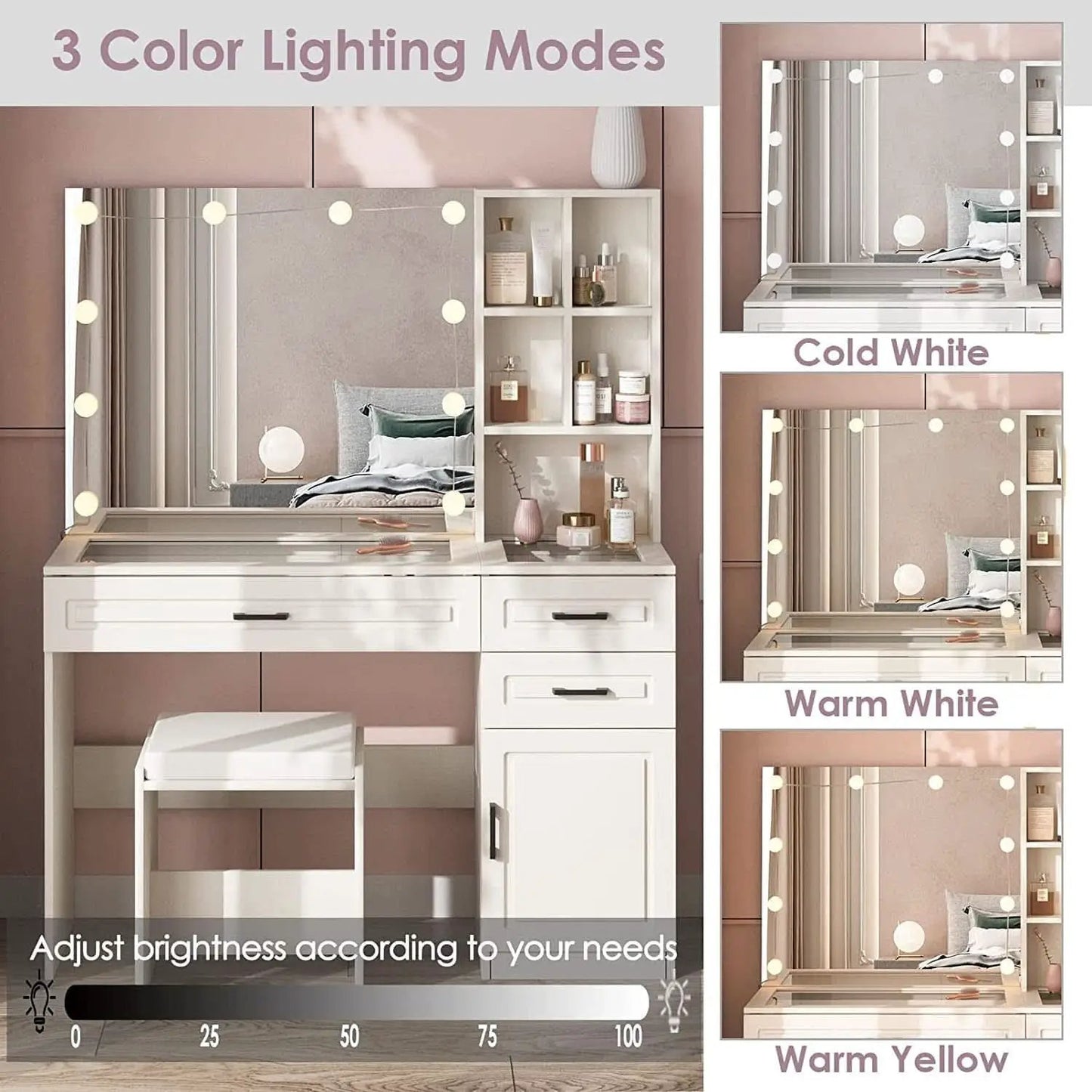 White Vanity Table Set With Glass Top Hollywood Mirror from PriceLows™