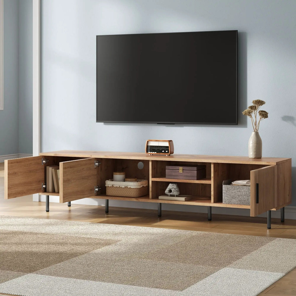 78 Inch TV Stand | Fits TVs Up To 85 Inch | Closed Storage | Vertical Groove Panels