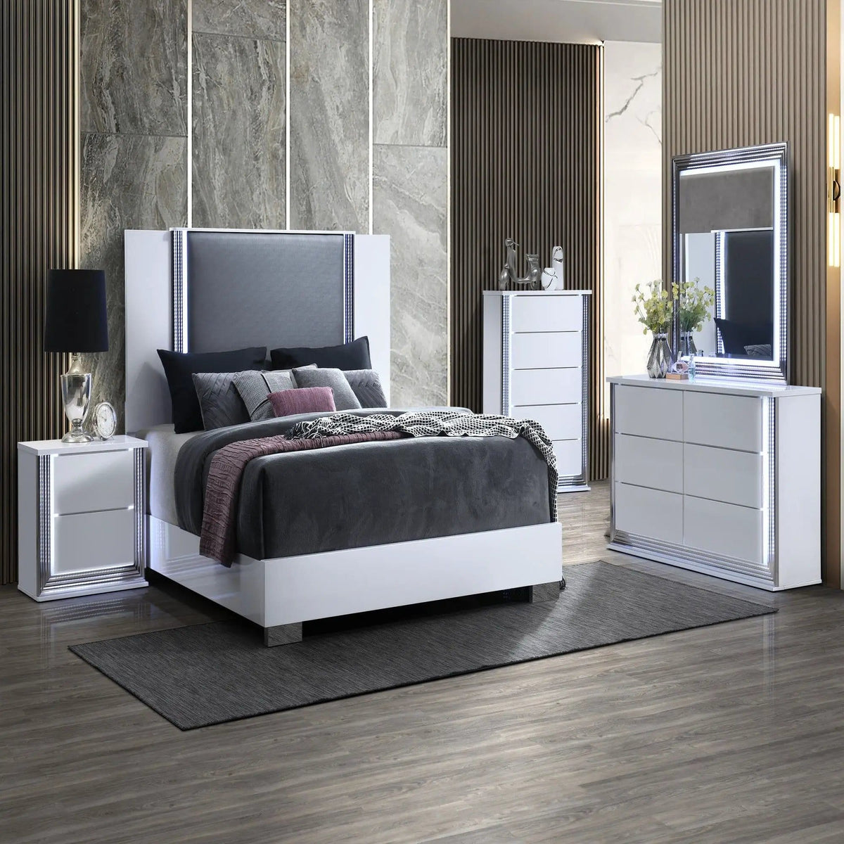 Moon Bed & LED Accent Lighting | 79.4 x 86.2 x 61 in | Solid Wood & Marble | Bedroom