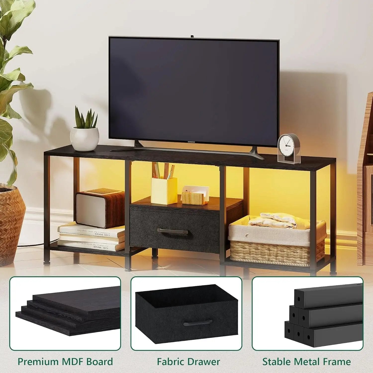 LED TV Stand For 55 Inch TVs With Open Shelves Black from PriceLows™