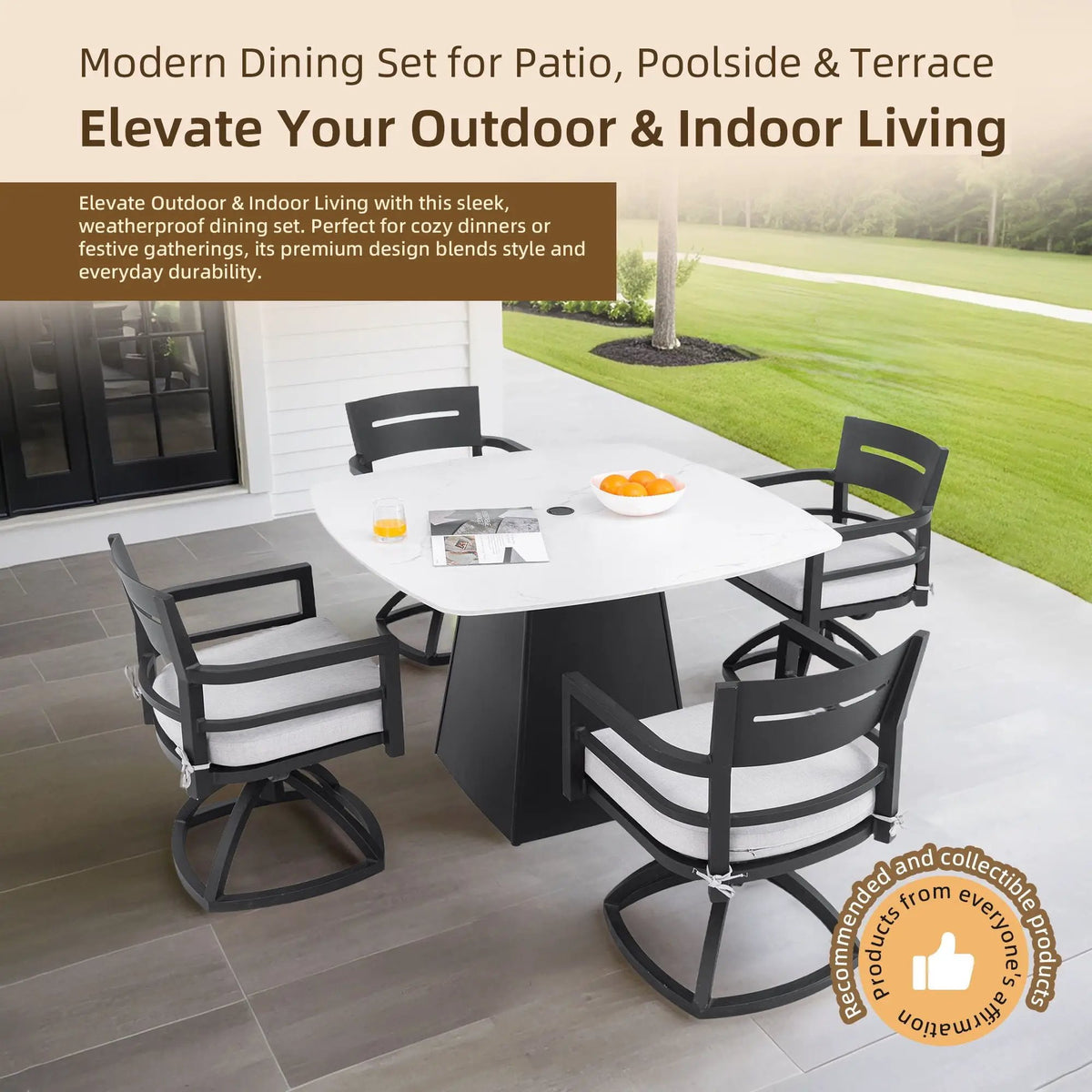 Outdoor Patio Dining Set | Squircle Sintered Stone Table | Sunbrella Cushion Chairs | Rust-Free Aluminum Frame