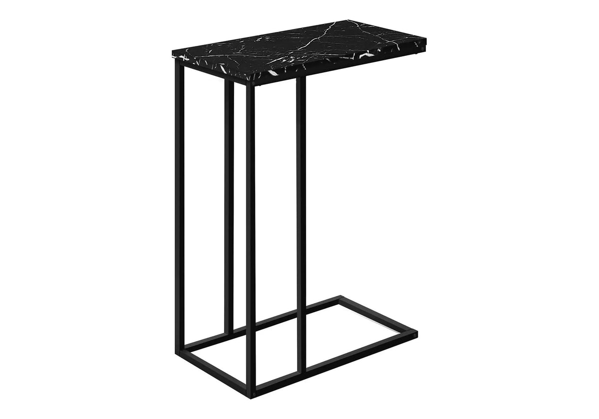 Black Marble Look C-Shaped Table | Slide Under Sofa Design | Solid Black Frame | Modern Style