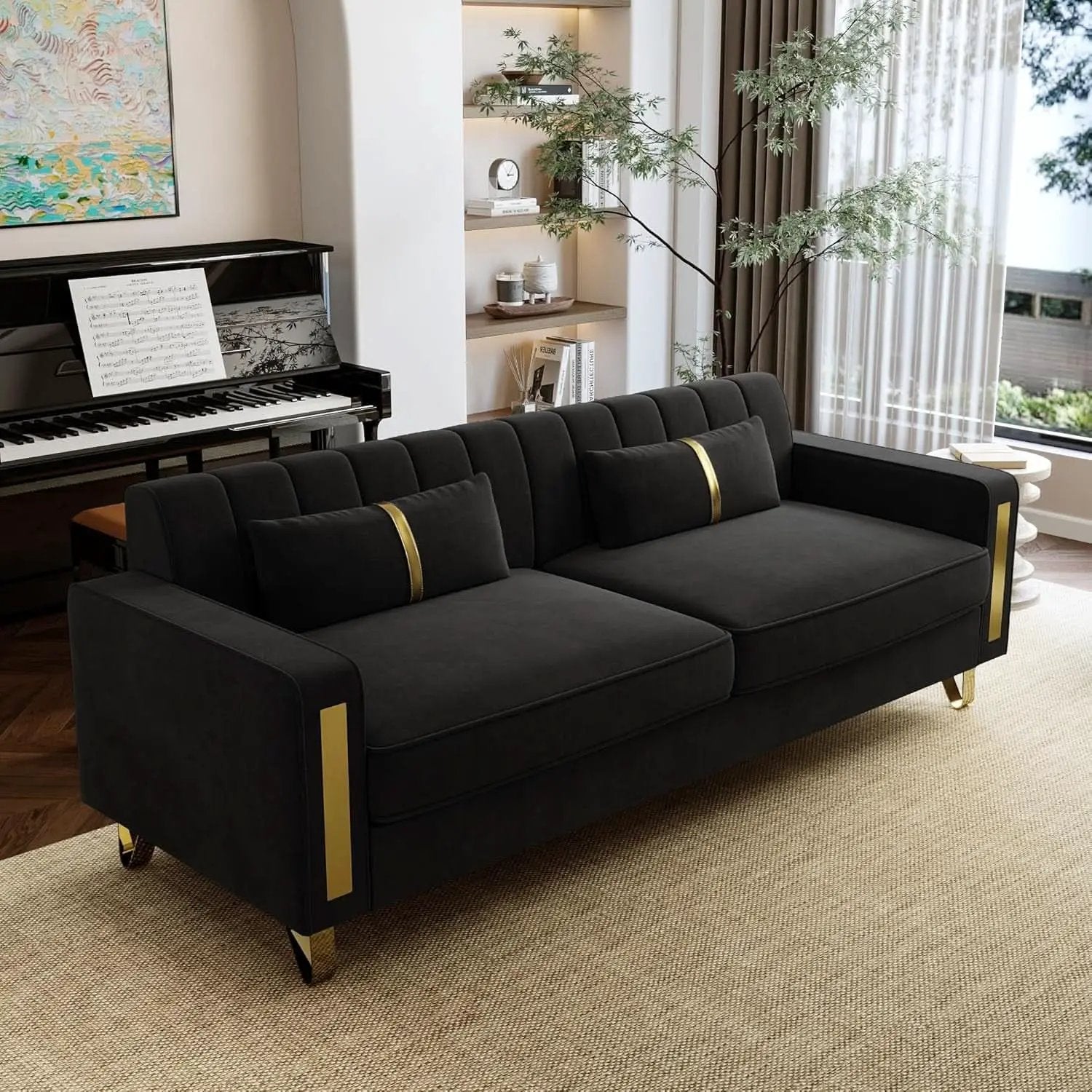 86-Inch Black Velvet Loveseat With Gold Metal Legs For Living Room from PriceLows™