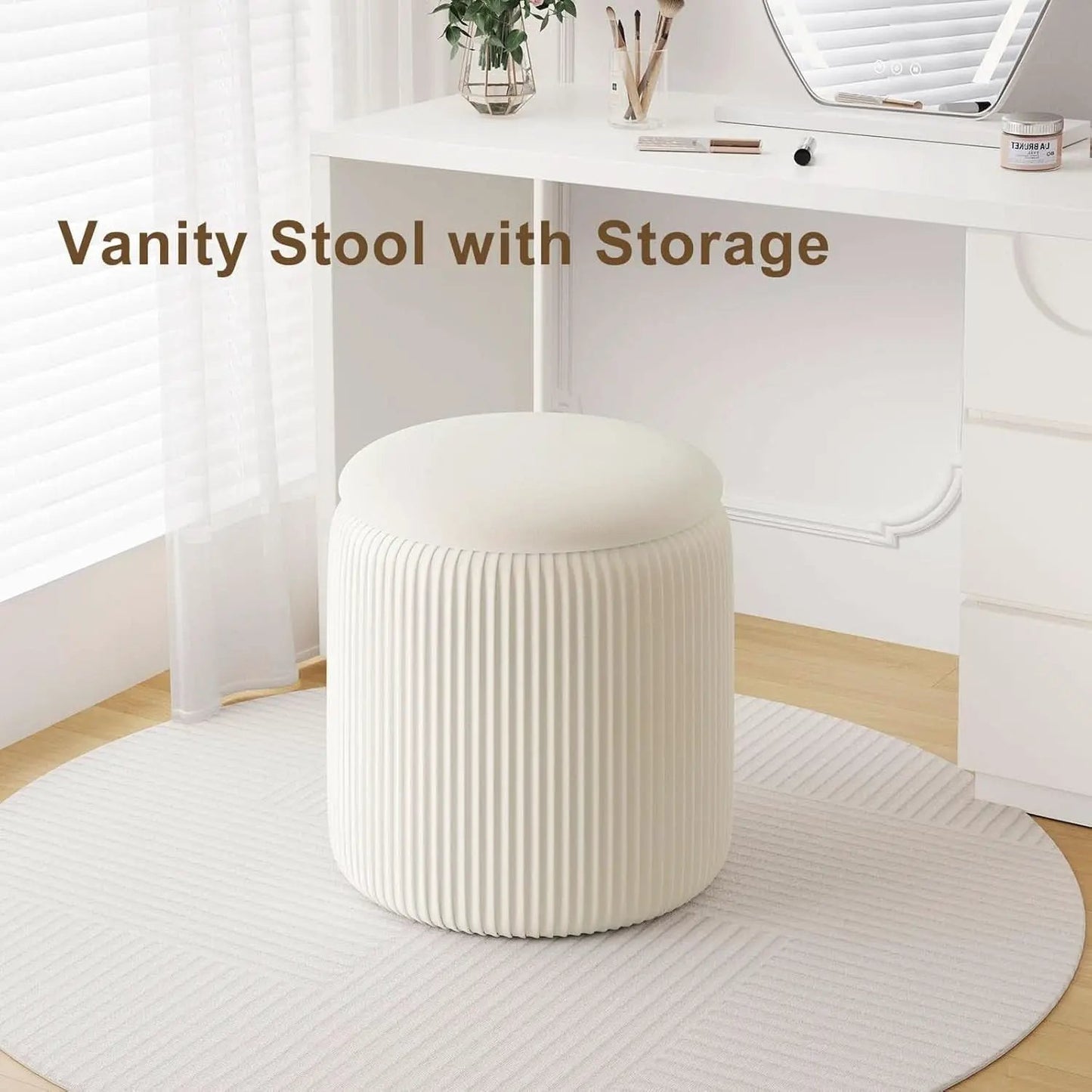 White Velvet Upholstered Storage Ottoman Vanity Set from PriceLows™