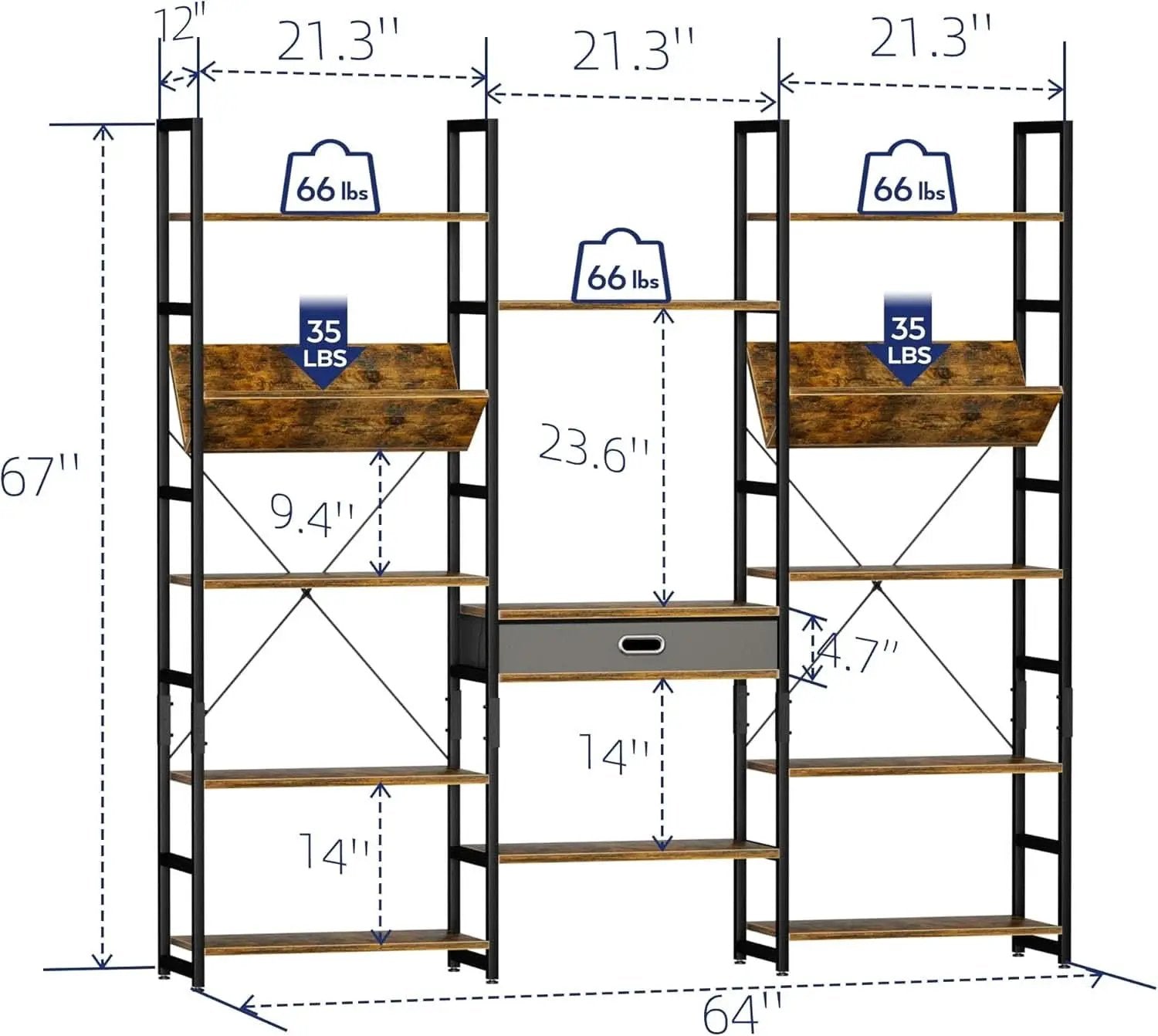 Triple Wide Five Tier Bookshelf Rustic Brown Finish from PriceLows™