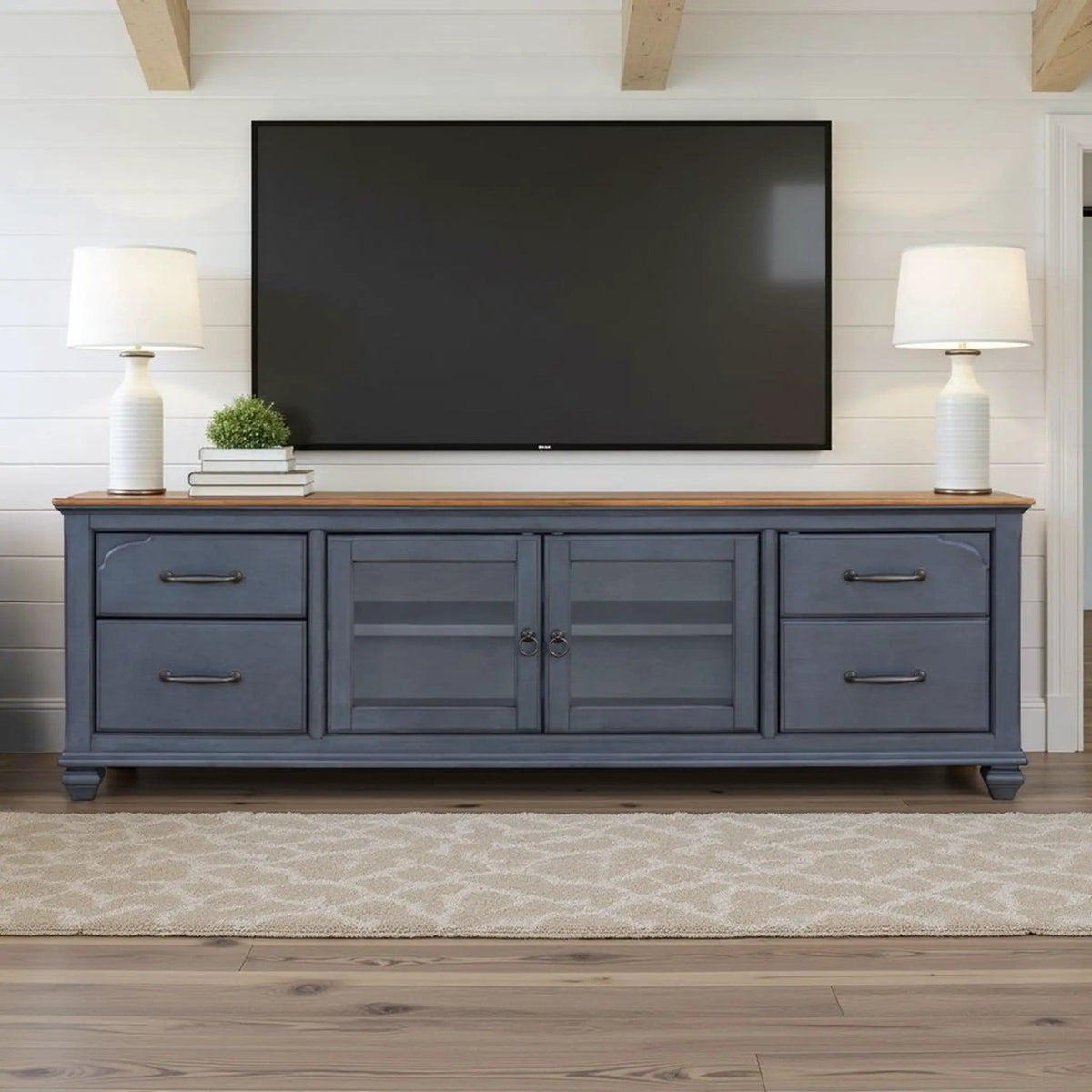 TV Stand For TVs Up To 90" - | 84 x 18 x 27 in | Glass & Wood | Blue