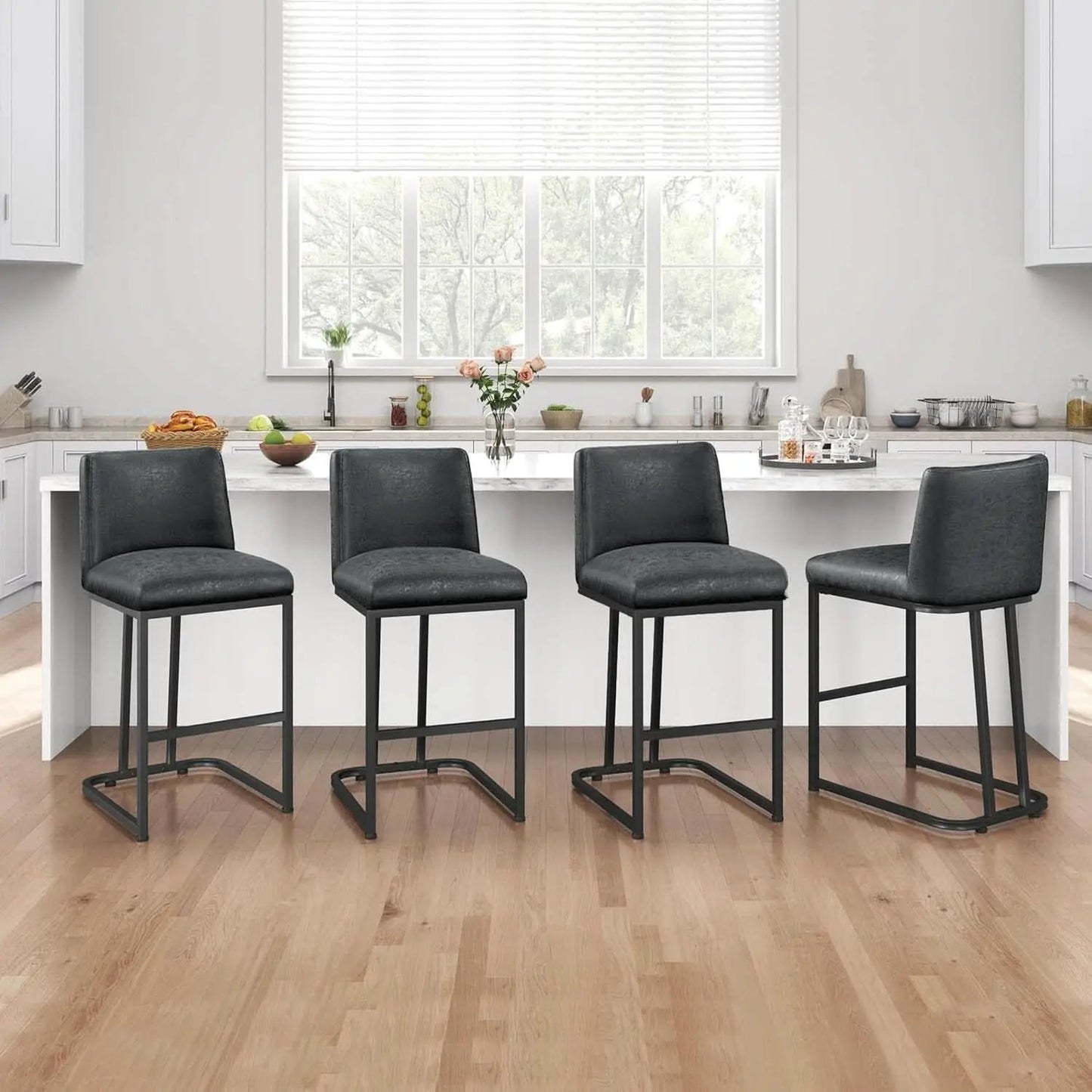 24 Inch Dark Gray Leather Counter Height Bar Stools Set 2 from PriceLows™