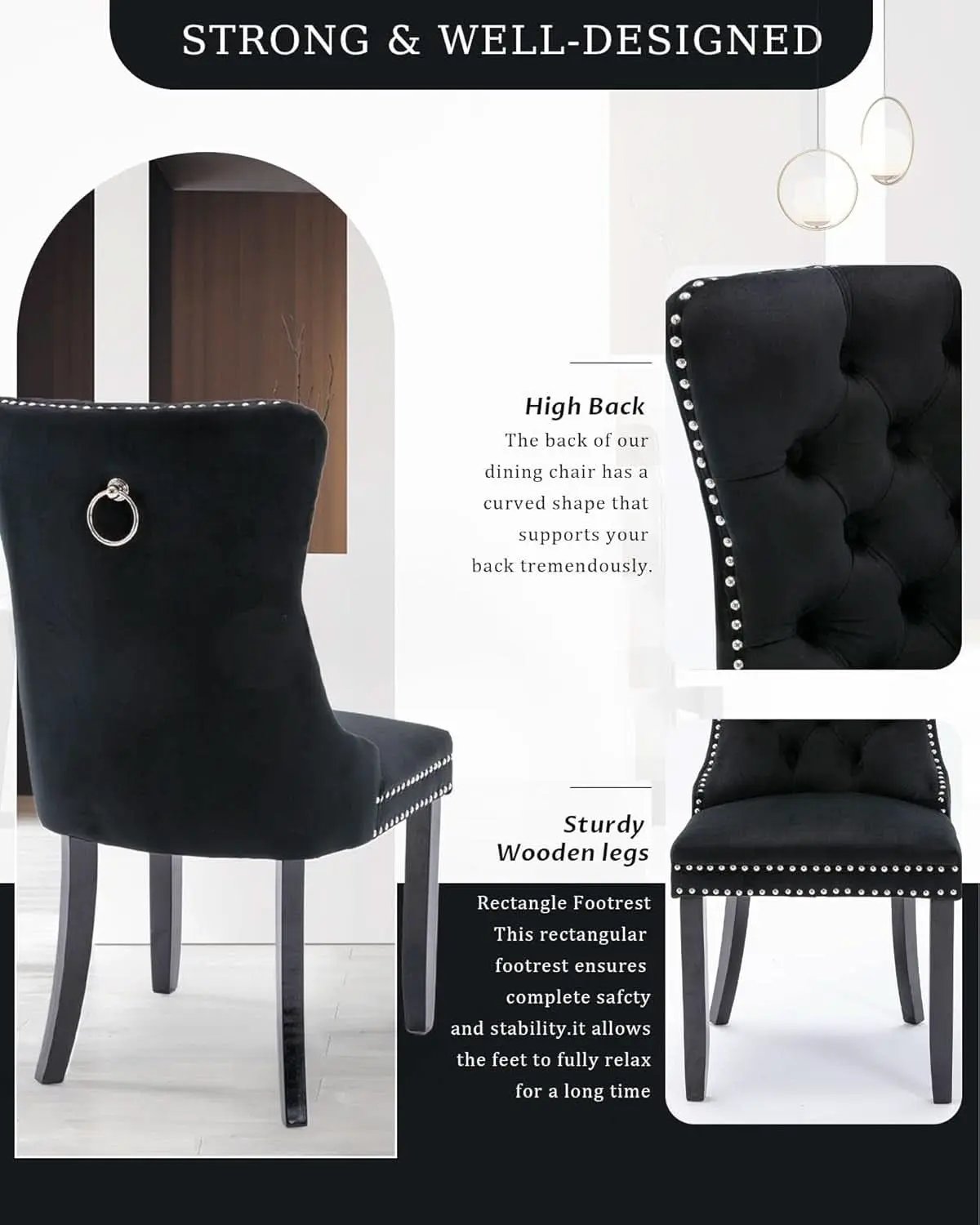 Black Velvet Tufted Dining Chairs With Nailhead Trim Set of 2 from PriceLows™
