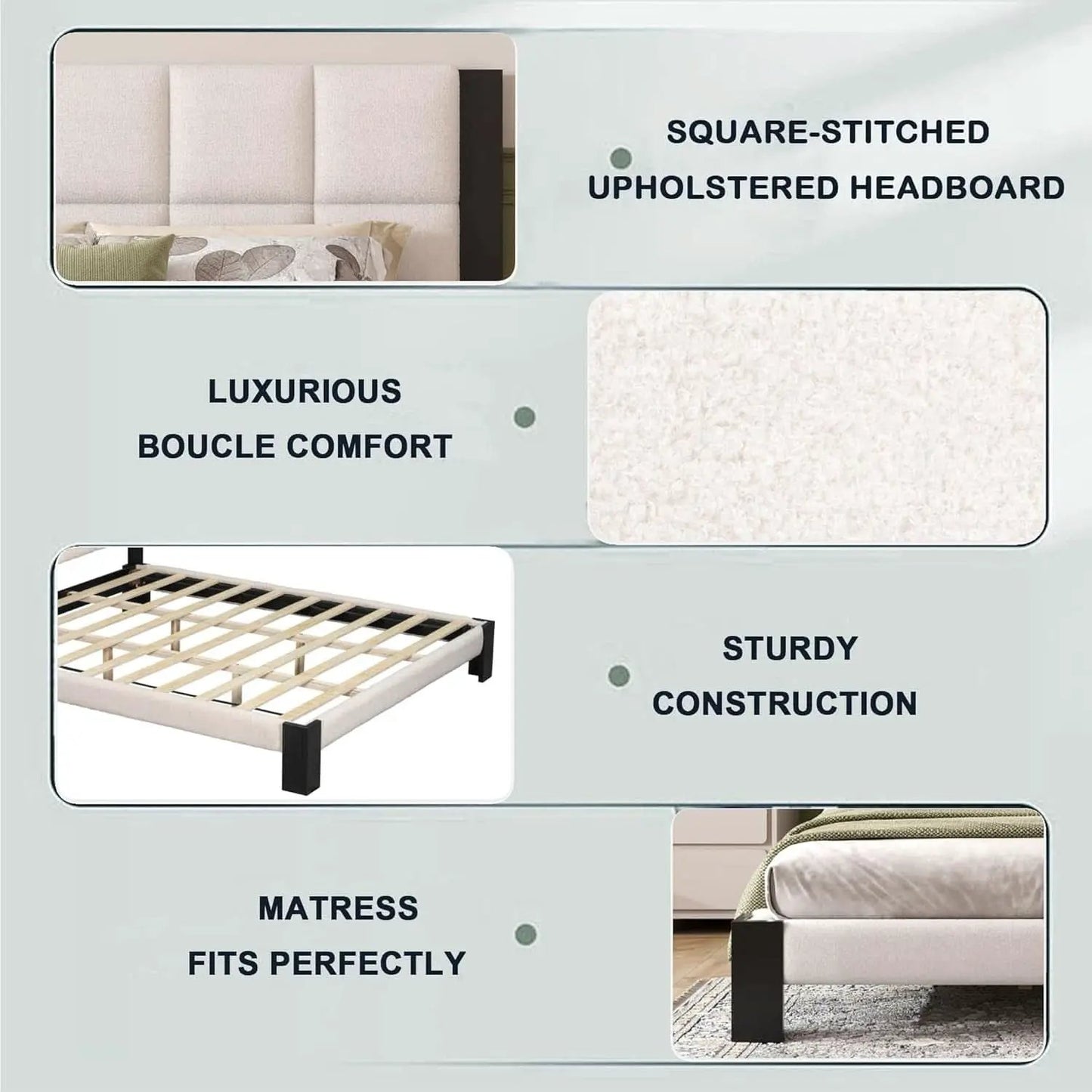 King Size Beige Boucle Upholstered Bed Frame With Solid Wood Slat Support from PriceLows™