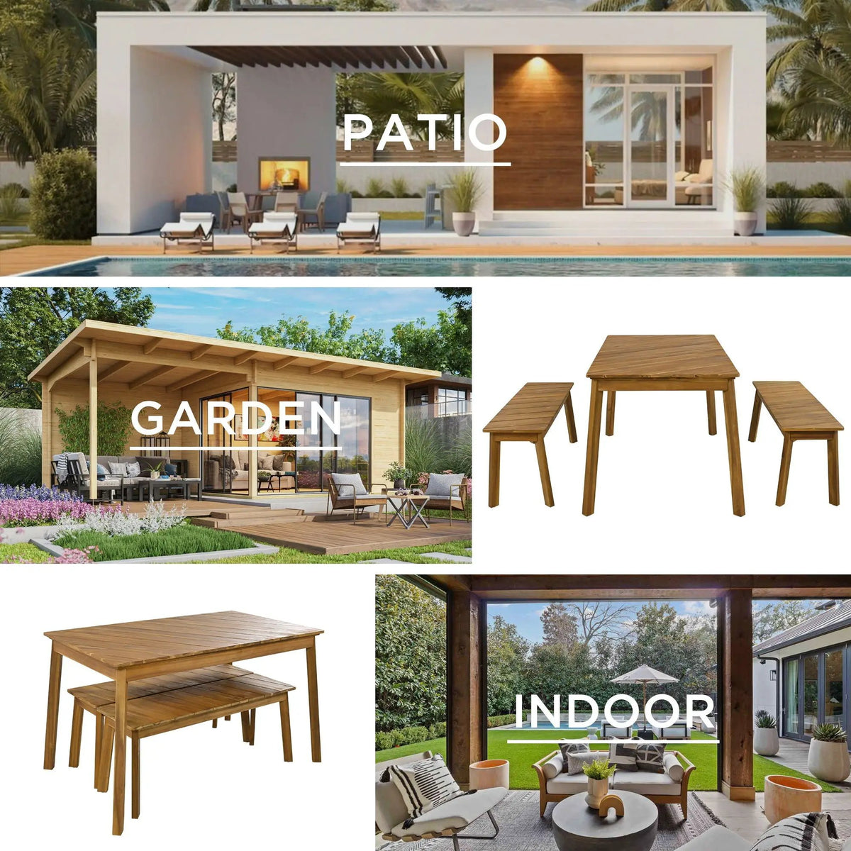 Acacia Wood Dining Set | 3 Piece Table | 2 Benches | Natural Finish