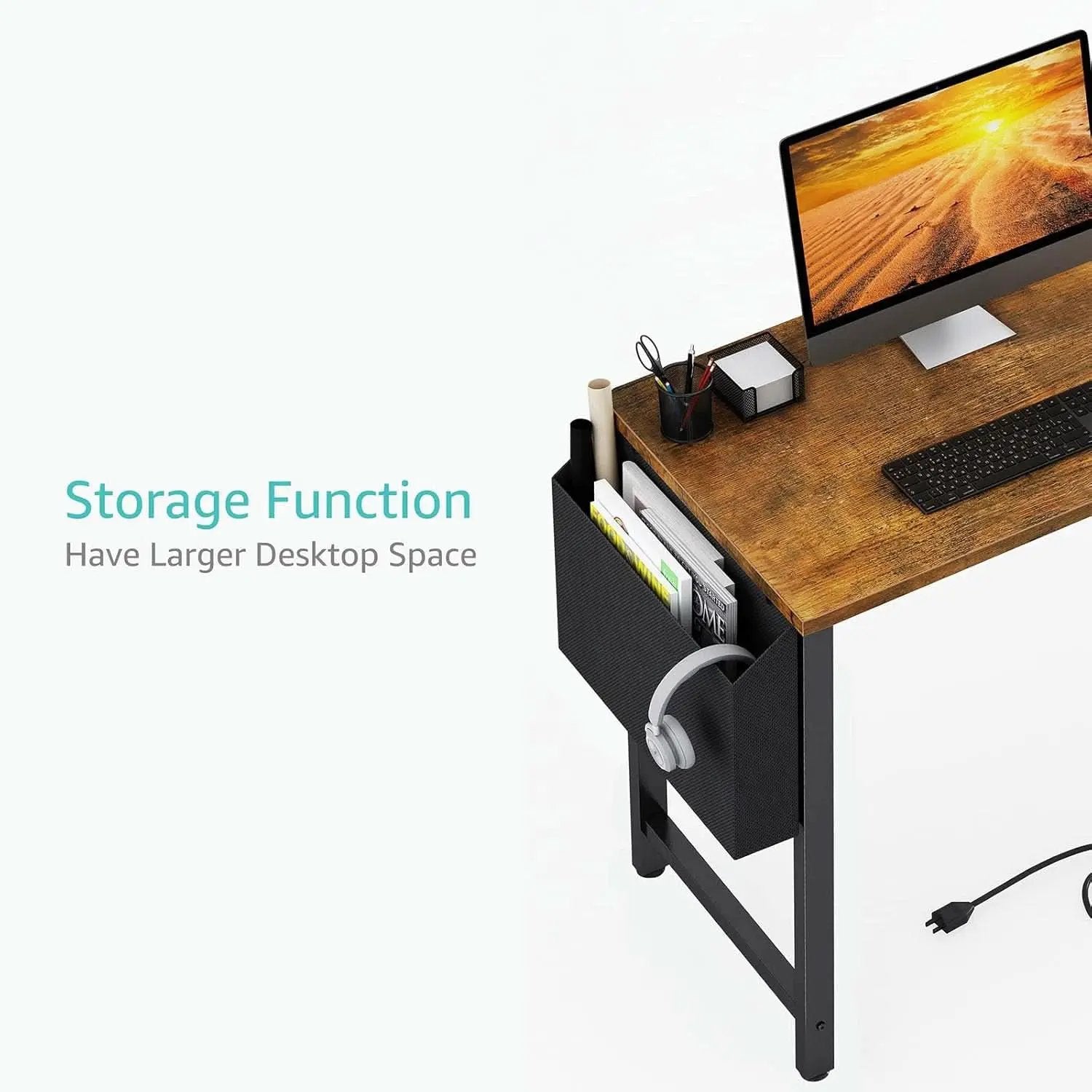 40 Inch L Shaped Desk With Power Outlet And Shelves Rustic Brown from PriceLows™