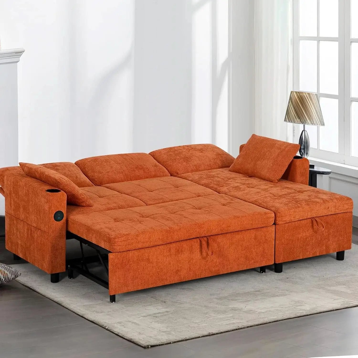 84Inches BrightOrange Chenille Pullout Sofa Bed USBPort from PriceLows™