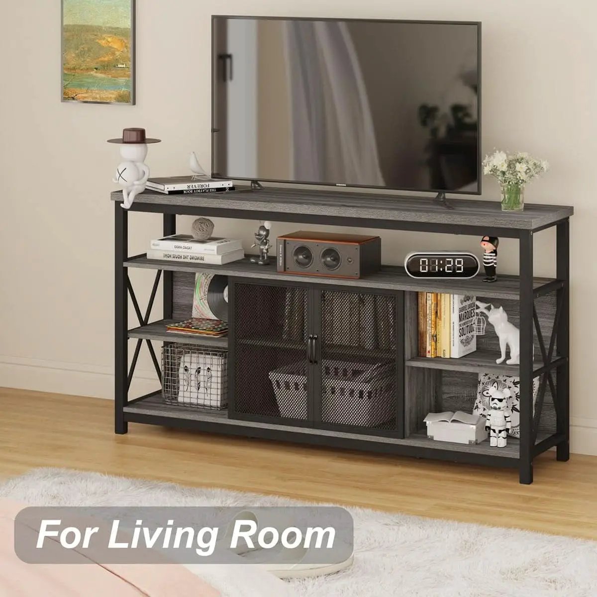 Tall TV Stand for 65 Inch TV With Storage Cabinet Grey Oak from PriceLows™
